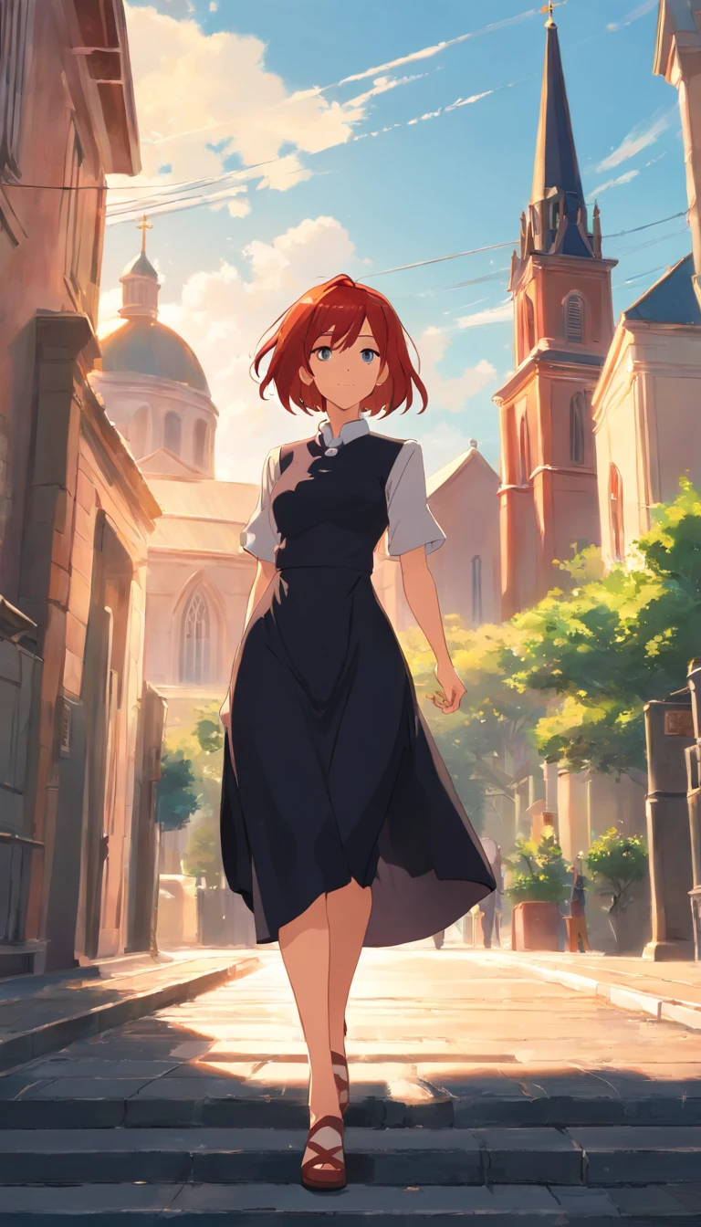 Redhead is wearing a black dress strolling down the street with a colonial-style church in the background