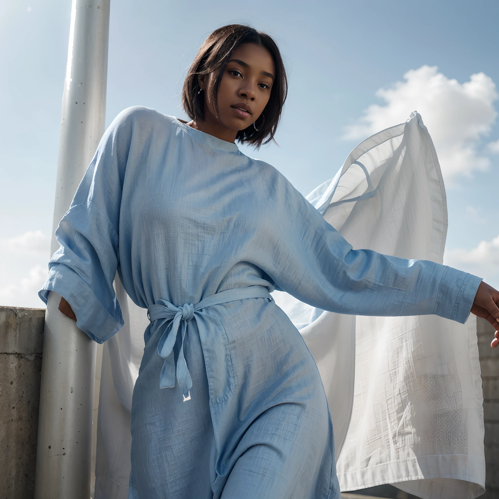 Wide angle shot of Blue soft linen clothes in shape of a black woman,  floating above a grey surface, wind blowing in the scene, empty area with blue and white background, soft light shining in the scene, with iridescent light, cinematic lighting, artgerm style, photorealistic image, 32k, ultra HD, unreal engine rendered, arthouse imagery