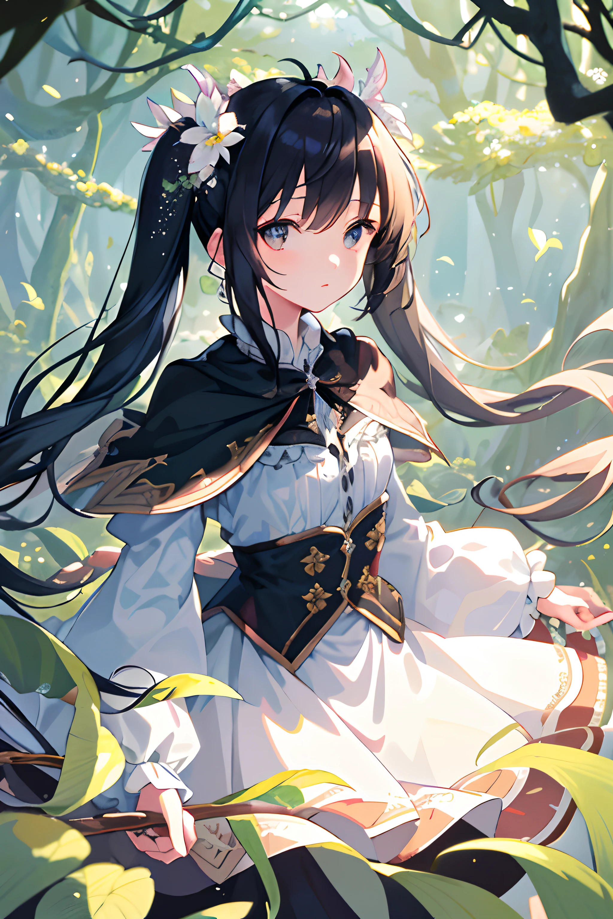 (Masterpiece)), (((Best quality))), ((Ultra-detailed)), ((illustration)), ((magia)),((fanciful)) ,((frilld)), (1 girl), (Solo), Dynamic Angle,  Floating, Beautiful detailed sky, In a beautiful and meticulous forest, Beautiful detailed eyes, Black hair,twintail,Black eyes, white  skirt,a black cloak,(((Small breast))), Sparkling eyes, (Shy)