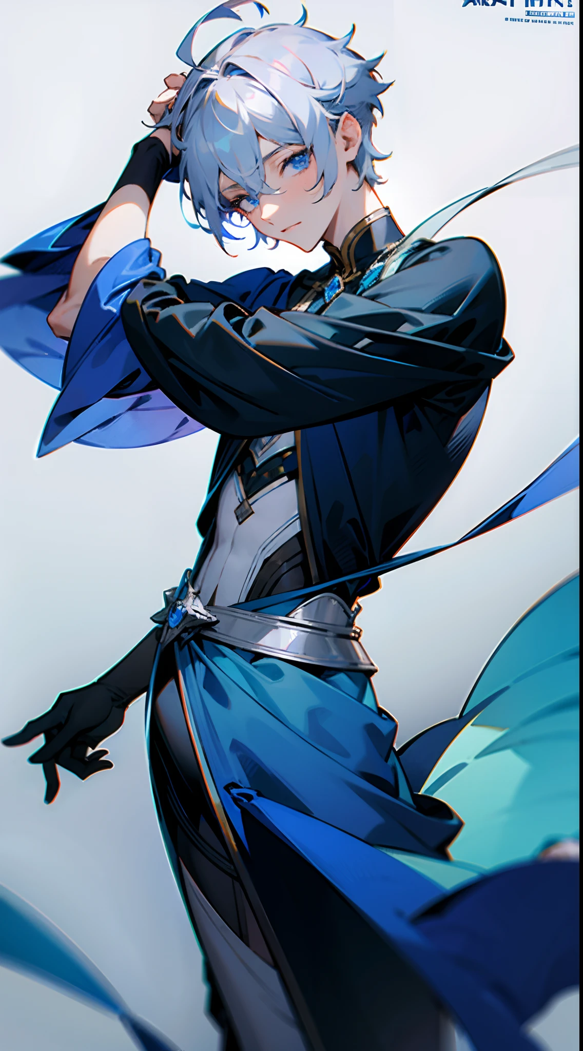 ((Best Quality, in 8K, male people, Seen from the front,masuter piece :0.5)), 1Neutral man in fantasy commoner clothes in blue and silver tones, (One head, Two arms, I don't have anything in my hands, Short hair tied together with a silver back, Blue eyes, calm, I'm in love with, glad,),