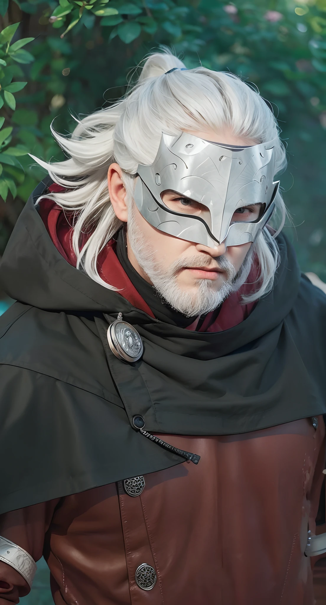 Real life adaption of this character, adult handsome face with white beard, (realistic same outfit), realistic long white hair,He wore the same mask made of iron, hyper realistic, realism,realistic light, realistic shadow,(photorealistic:1.2)