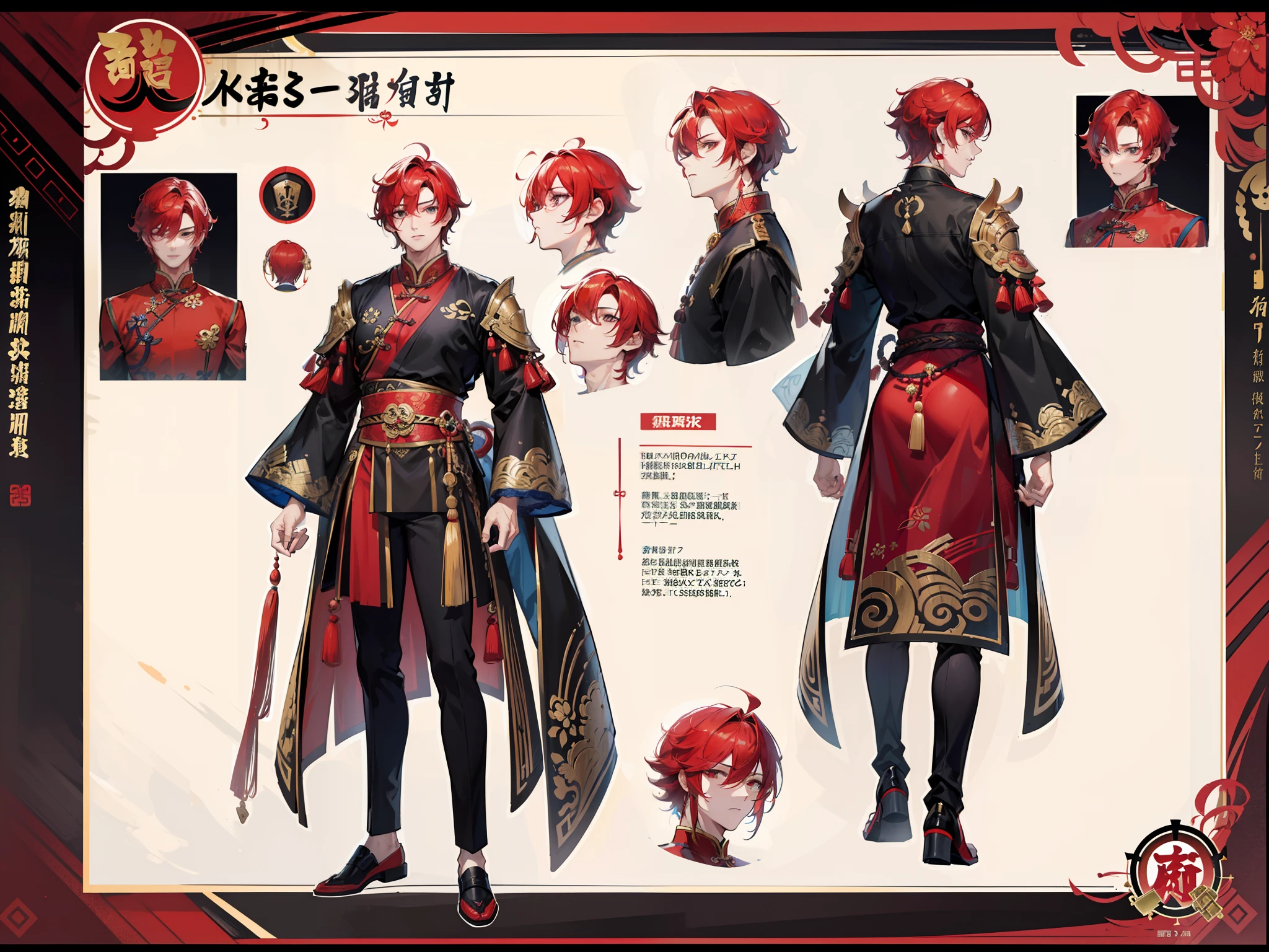 ((Masterpiece, Highest quality)), Detailed face, character design sheet, full bodyesbian, Full of details, frontal body view, back body view, Highly detailed, Depth, Many parts, Muscle boy with red hair,handsome man, Traditional chinese clothes, Genshin Impact, man tall