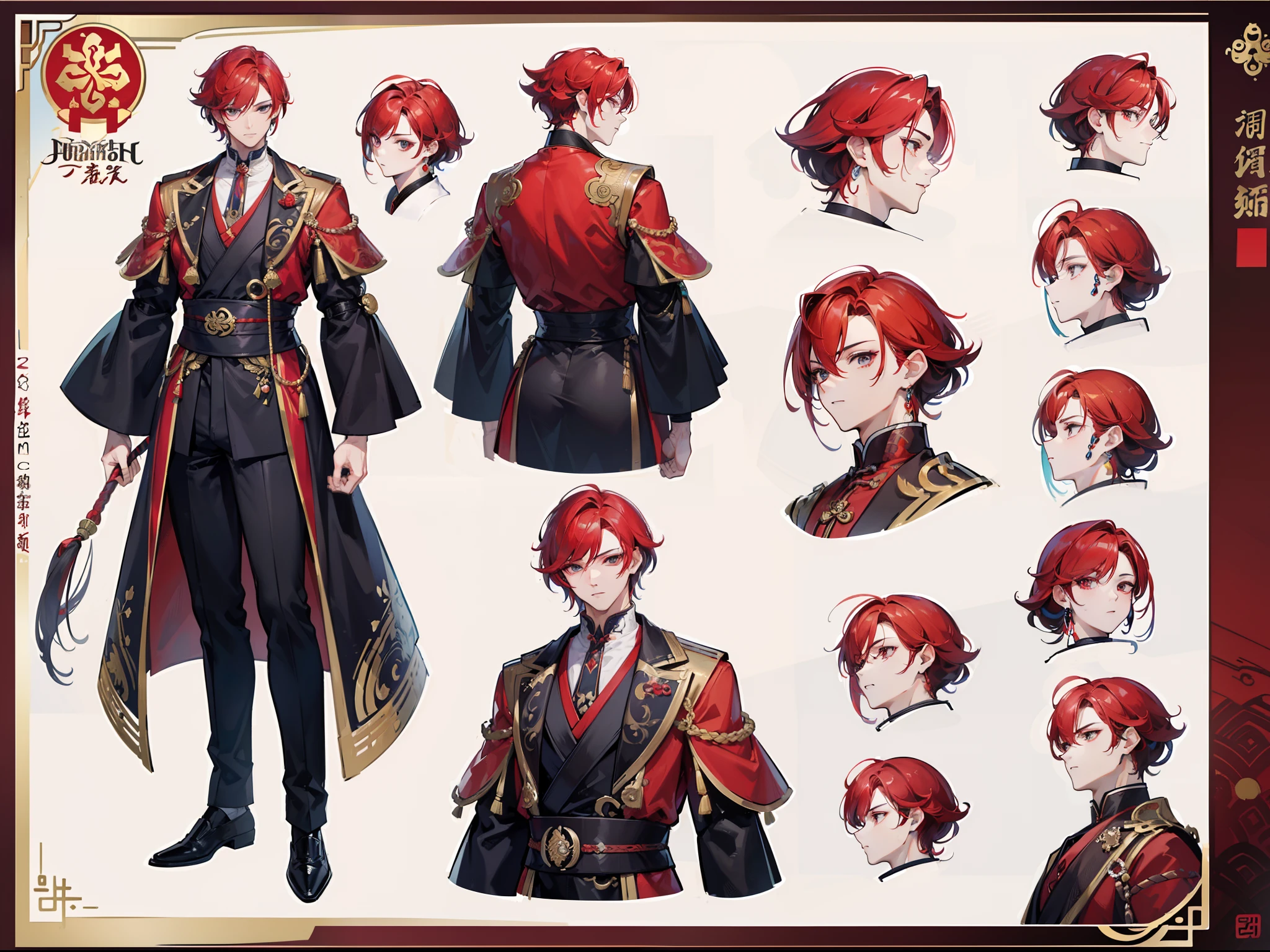 ((Masterpiece, Highest quality)), Detailed face, character design sheet, full bodyesbian, Full of details, frontal body view, back body view, Highly detailed, Depth, Many parts, Muscle boy with red hair,handsome man, Traditional chinese clothes, Genshin Impact, man tall