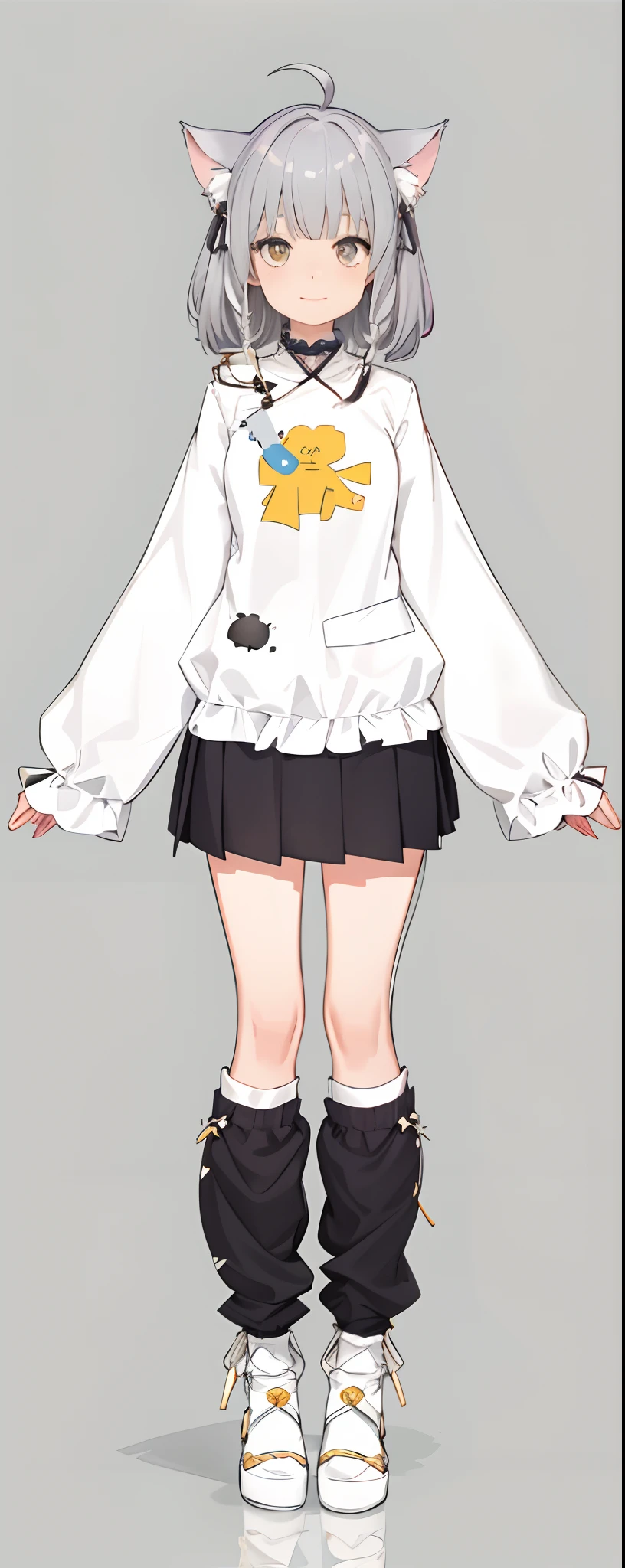 1girl in、A smile、The shirt、Blouse、skirt by the、(mideum breasts)Bukabukhanit、Oversized sleeves, movement、(Gray hair)、Cat's ears、(fullllbody)