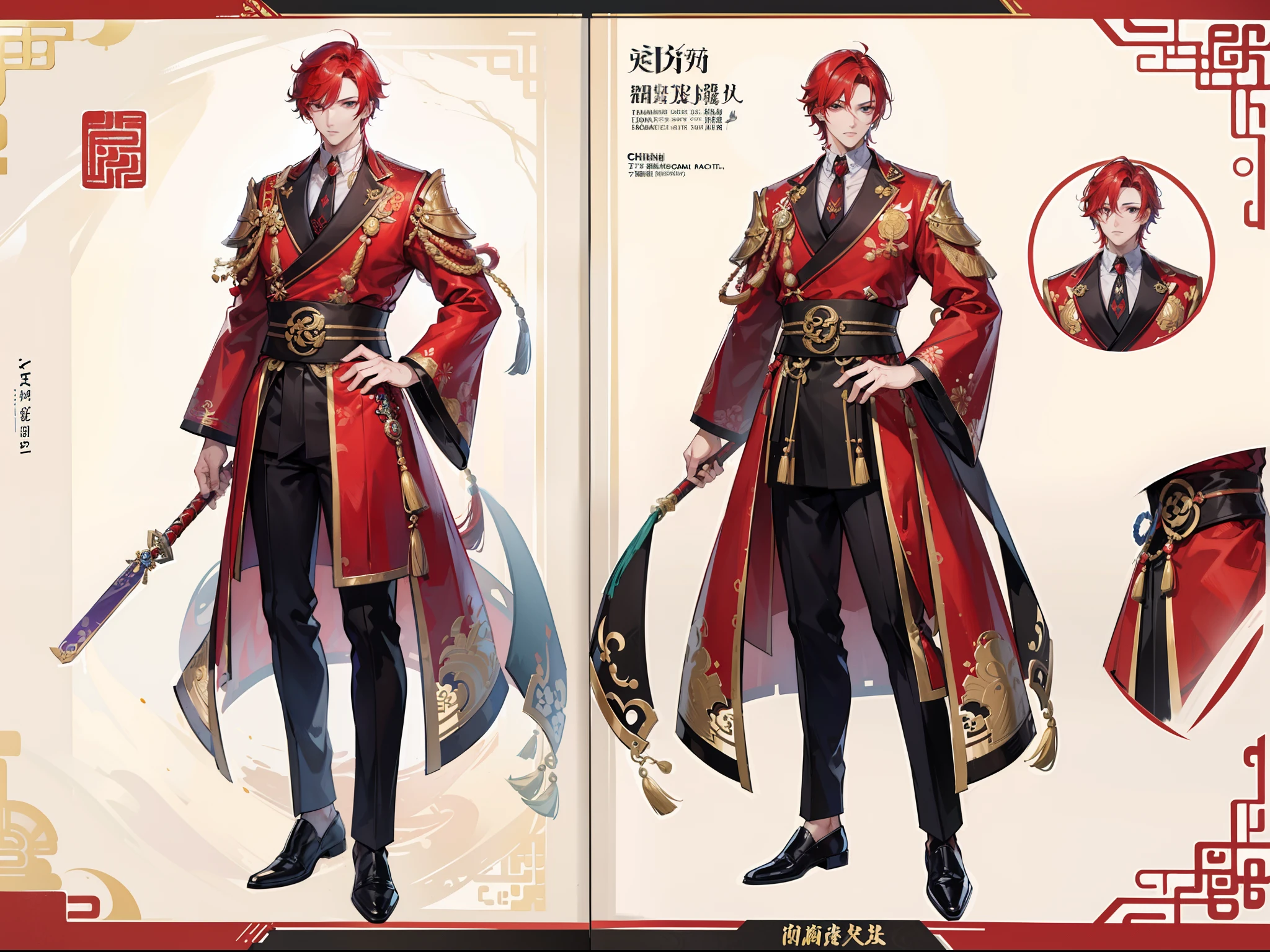 ((Masterpiece, Highest quality)), Detailed face, character design sheet， full bodyesbian, Full of details, frontal body view, back body view, Highly detailed, Depth, Many parts, Muscle boy with red hair，handsome man, Traditional chinese clothes, Genshin Impact, man tall