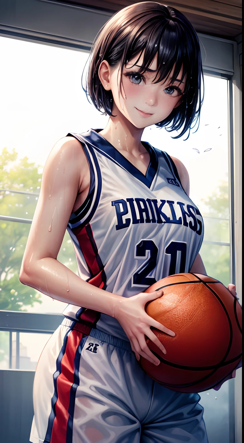 (masterpiece,top-quality,超A high resolution),A Japanese Lady, (((Very beautiful girl))), Kawaii Girl、View photographer、Front view, ((Shorthair)), hyper cute face, Glossy lips, Double eyelids in both eyes,Smiling smile、 Natural makeup, long eyelashes, Glossy and smooth hair quality、central image, Perfect limbs, Perfect Anatomy,(((Basketball Uniforms)))、((())),(((Wet with sweat))),A bra can be seen from the side of the uniform,