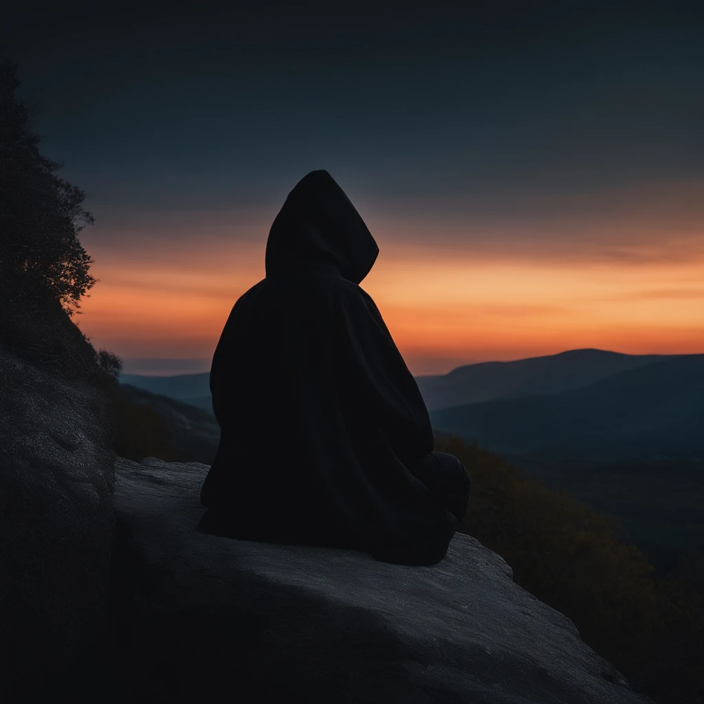 Sitting on a high cliff and looking at the teenager in the distance,Wear a black hood and black trench coat,The time is dusk
