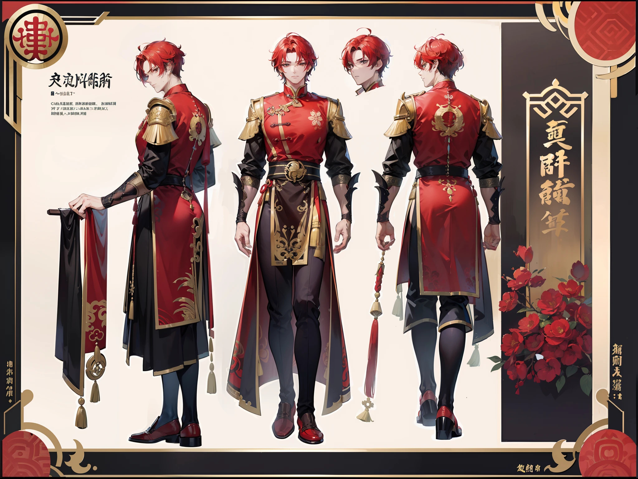 ((Masterpiece, Highest quality)), Detailed face, character design sheet， full bodyesbian, Full of details, frontal body view, back body view, Highly detailed, Depth, Many parts, Muscle boy with red hair，handsome man, Traditional chinese clothes, Genshin Impact, man tall
