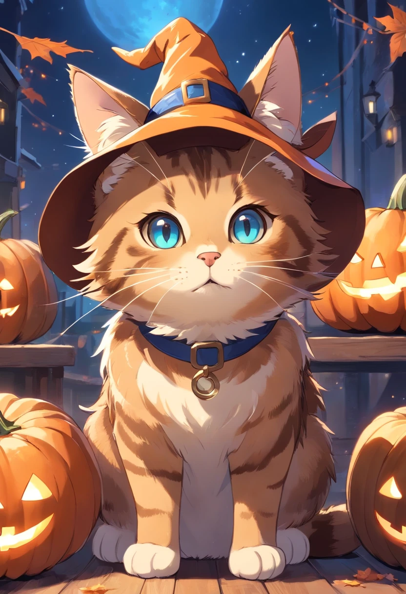 a brown tabby cat wearing a witches hat, it has a bobbed tail, and blue and brown eyes, pumpkins, halloween, bats