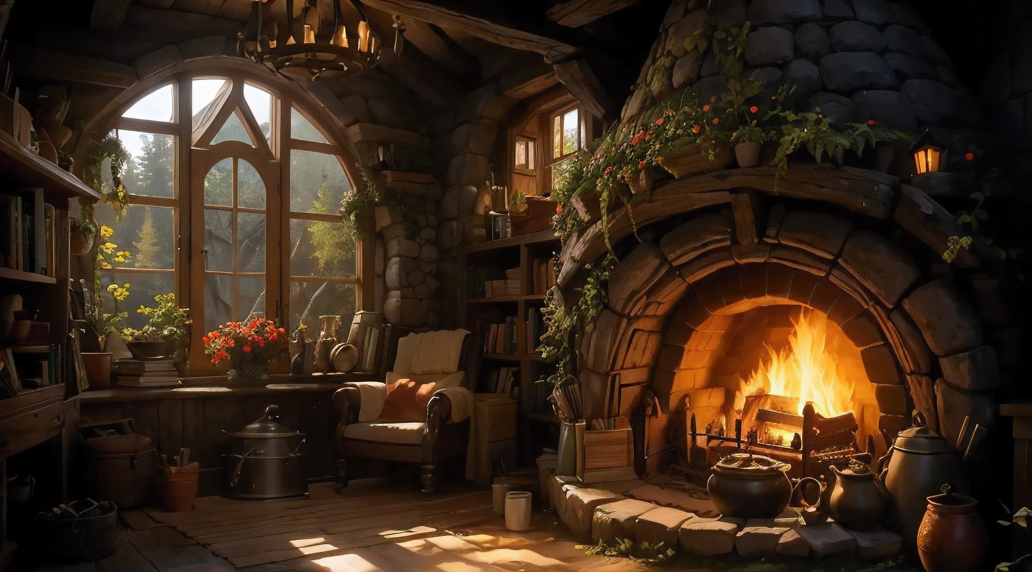 a cozy hobbit house interior with fireplace, theres a cozy bookshelf full of books, a cozy coffee can and a coffee cup, a pile of firewood