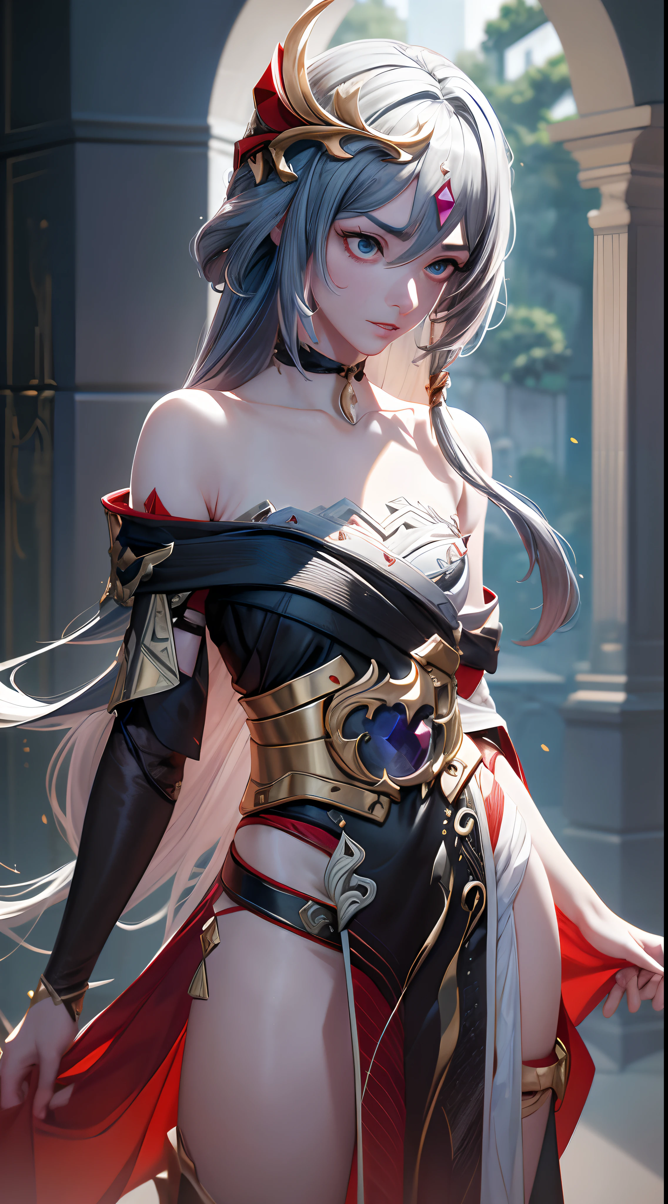 (Masterpiece,best quality,highres,complex details),1 girl,senti,flat chest,grey hair,hair ornament,red gem,senti,armor,dress,exposed shoulders,open chest,pull down,wide hips,close up,extremely detailed texutre,realistic,octane render,pov,