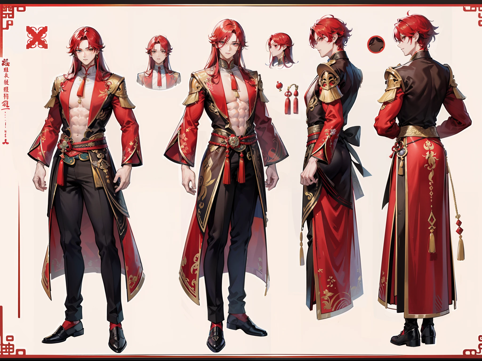 (Masterpiece, best quality), detailed, 1 man, ((character concept art)), ((character design sheet, same character, front, side, back)), full body, body complete, 1 Male angel, 1 Man angel, Detailed face, character design sheet,full bodyesbian, Highly detailed, character sheet, character design, Many parts, dark skin, angel wings, long ponytail red hair, angel outfit, muscle male god, male clothes, masculine, muscle man, male muscle, manly, male angel, Muscle male with long ponytail red hair,beautiful man, beautiful muscle man