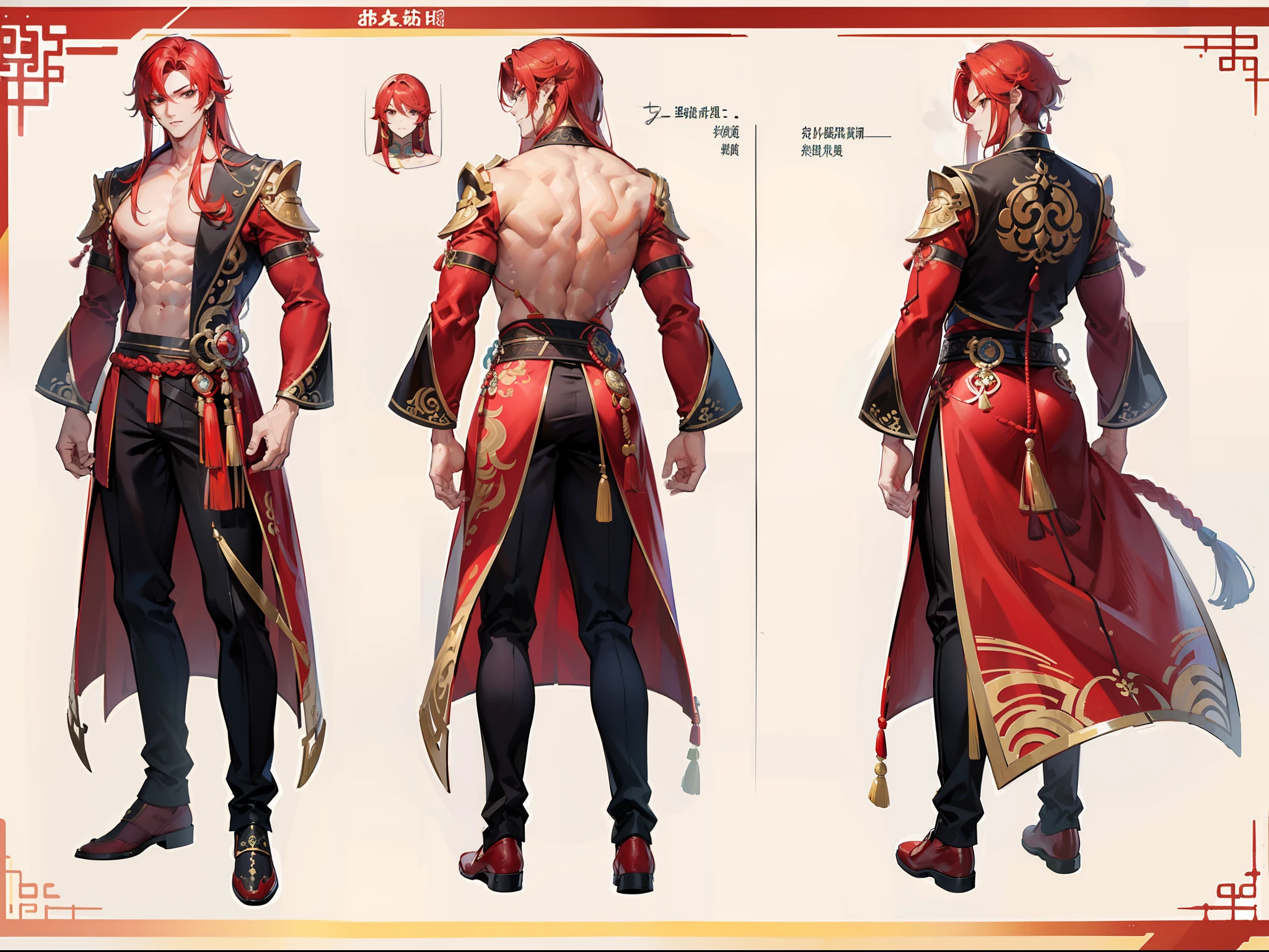 ((Masterpiece, Highest quality)), Detailed face, character design sheet，full body esbian, Full of details, frontal body view, back body view, Highly detailed, Depth, Many parts, Muscle boy with long red hair，handsome man,  Traditional chinese clothes, Genshin Impact, man tall, pectoral muscles, abs