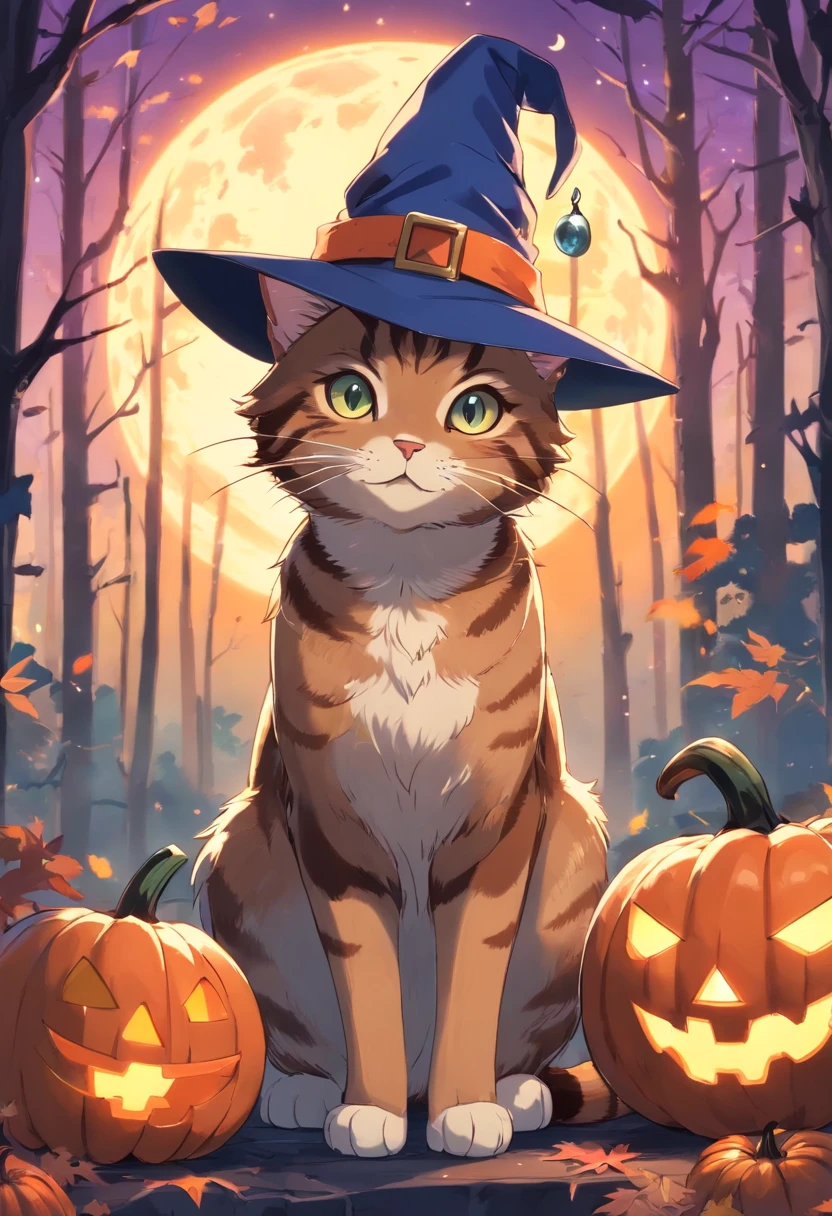 a brown tabby cat wearing a witches hat, it has a bobbed tail, and blue and brown eyes, pumpkins, halloween, bats, the background is a forest with a full moon