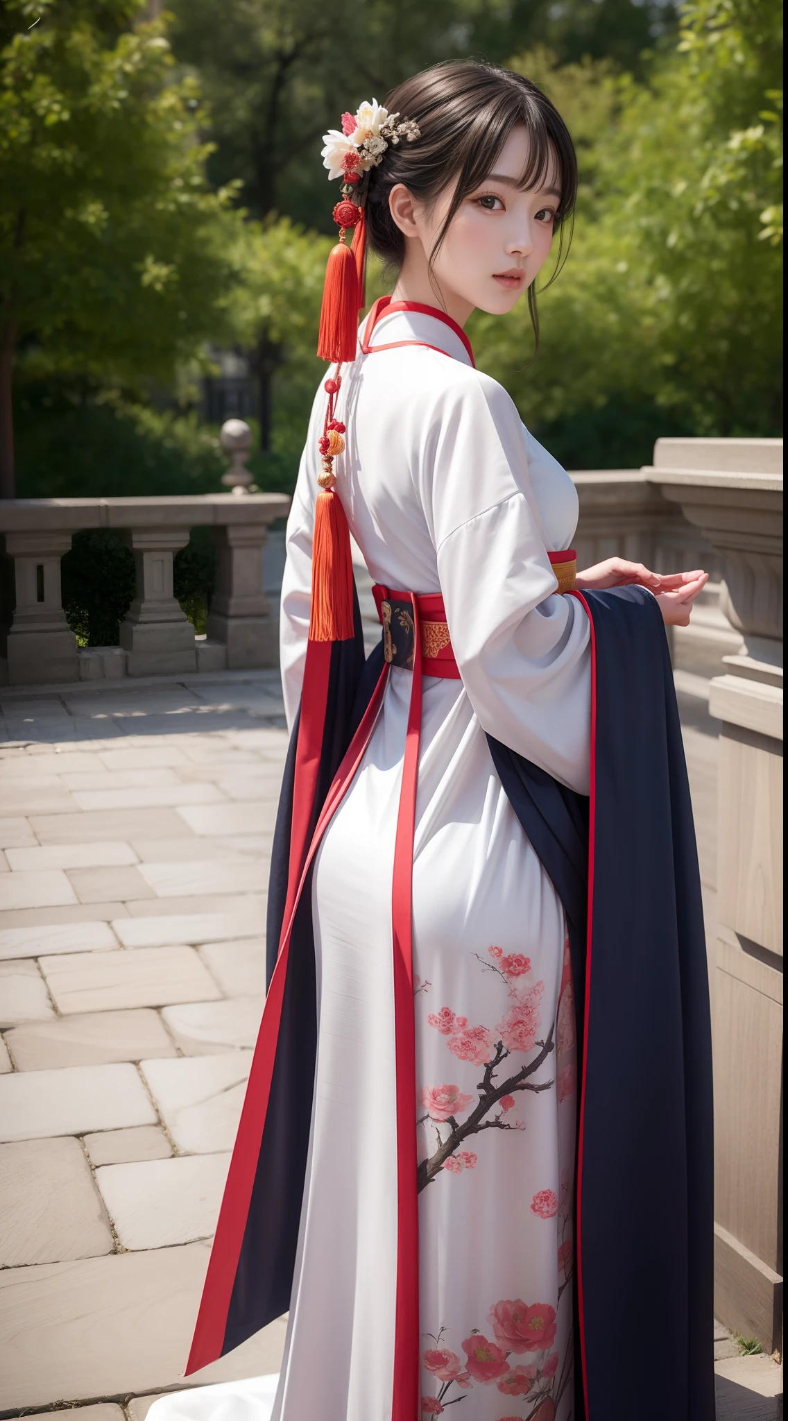 1girl in.Solo,Hanfu,Chinese clothing,(backfacing:1.2),photograph, masutepiece, photorealisim,Best Quality, 超A high resolution, Raw photo, photo shot, Professional, Amazing detail, Colorful, surrealism, masutepiece, Best Quality, nffsw, point of view, Highest Quality, Sharp Focus, digital art render, 8K,