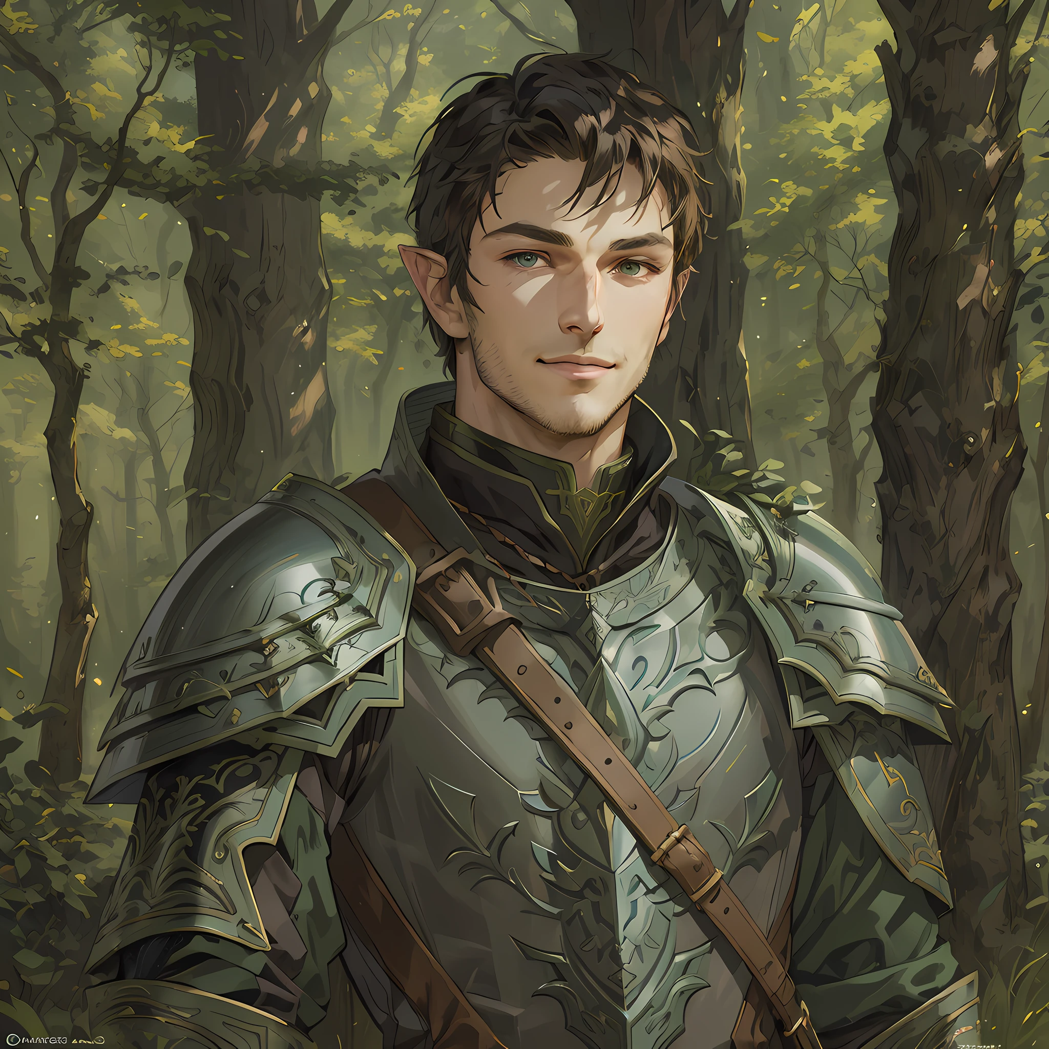 there is a man in armor standing in the woods, a portrait of a male rogue, handsome guy in dungeons and dragons art, rugged male, male human rogue, a male human, casimir art, portrait of a forest rogue, fantasy male portrait, a human male rogue, highly detailed exquisite fanart, fantasy art smug smile man, detailed character portrait