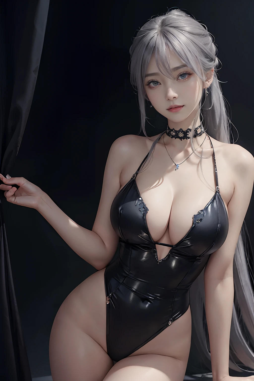 (A hyper-realistic)、(illustratio)、(hight resolution)、(8K)、(ighly detailed)、(Best Illustration)、(beautifully detailed eyes)、(top-quality)、(ultra-detailliert)、(masterpiece)、(Gorgeous Stage)、(详细的脸)、独奏、女の子 1 人、Viewer's Perspective、detaileds、详细的脸、Dark、deep-shadows、lowkey、pureerosfaceace_v1、A smile、Colossal tits、highleg leotard&gem studded、Design without fabric in the navel、piercings、a necklace、Pony tail、(Hair color is gray lavender)、big breasts thin waist、Beautiful body curves、Ultra-fine makeup、Super on the fine service