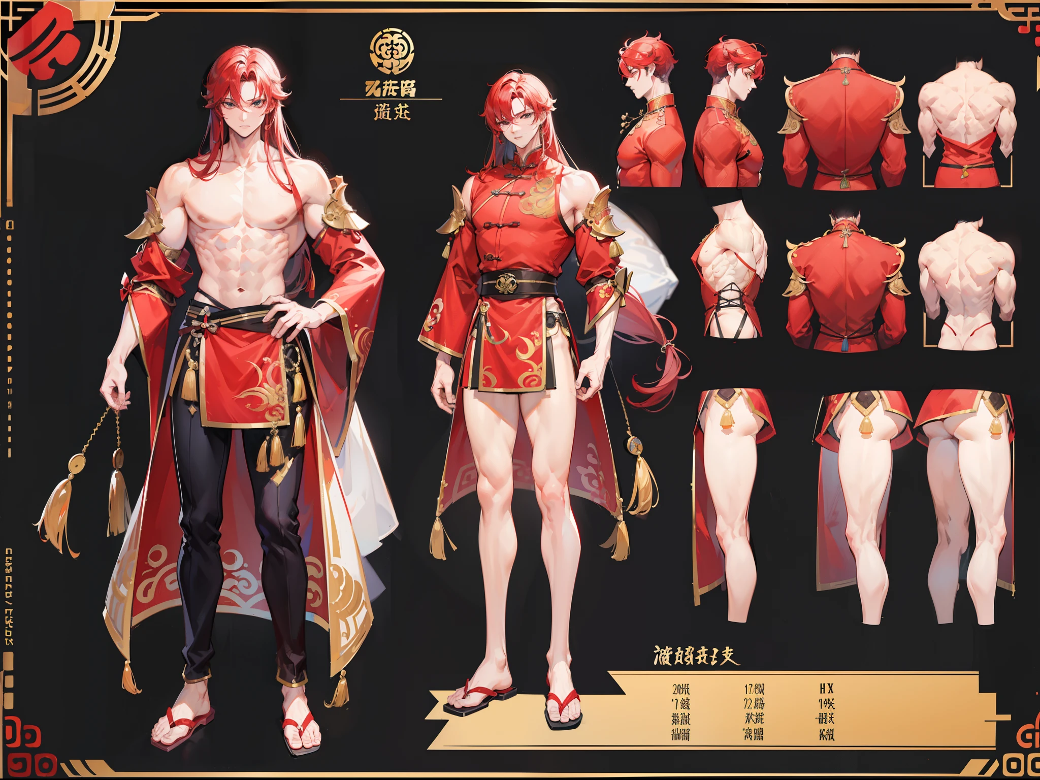 ((Masterpiece, Highest quality)), Detailed face, character design sheet,full body esbian, Full of details, frontal body view, back body view, Highly detailed, Depth, Many parts, Muscle boy with long red hair,handsome man, Traditional chinese clothes, Genshin Impact, man tall, pectoral muscles, abs