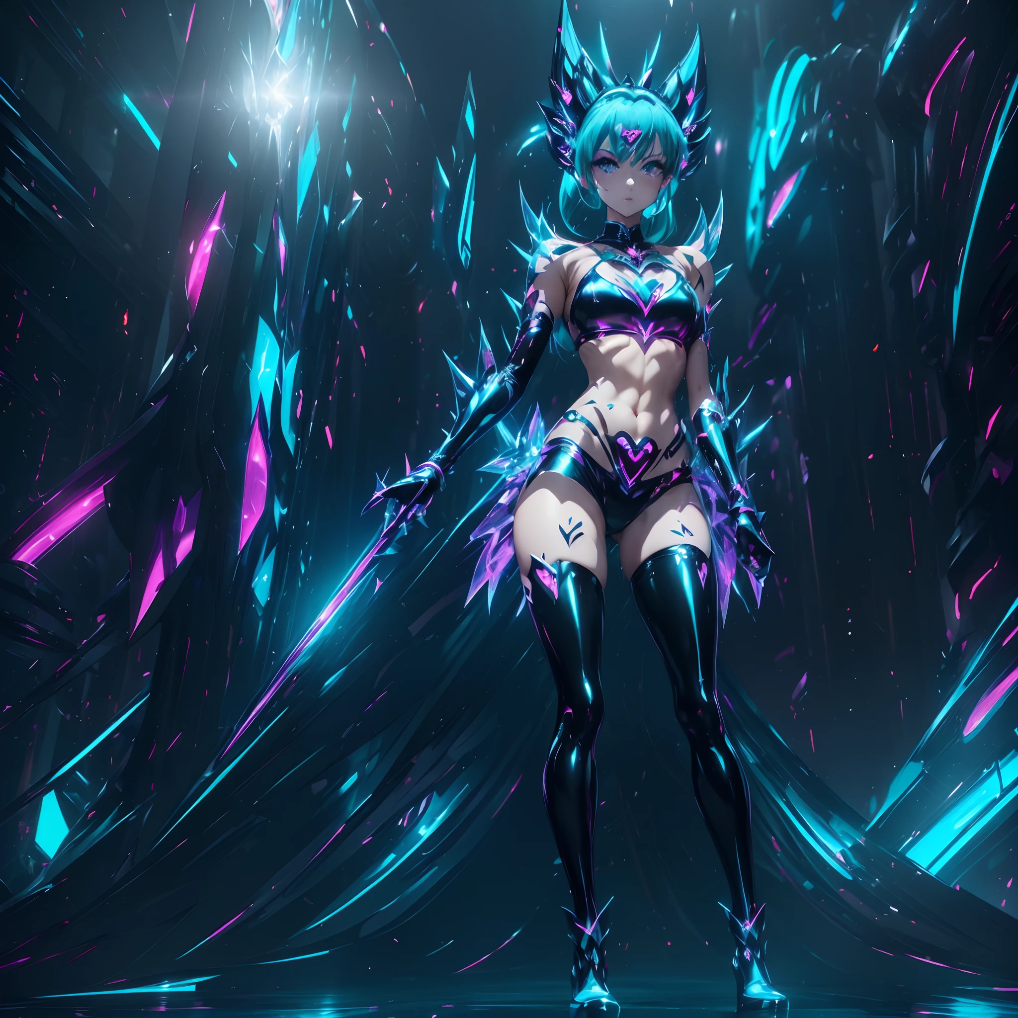 An evil magical girl in a skimpy outfit stands alone. Her costume is made up of latex fabric and transparent tights. She wears sharp black bikini armor. A hair ornament with sharp angles on her head. Sharp claws on her fingertips. A heart tattoo around her navel. Aqua colo eyes that shine with light. Futuristic machines in the background