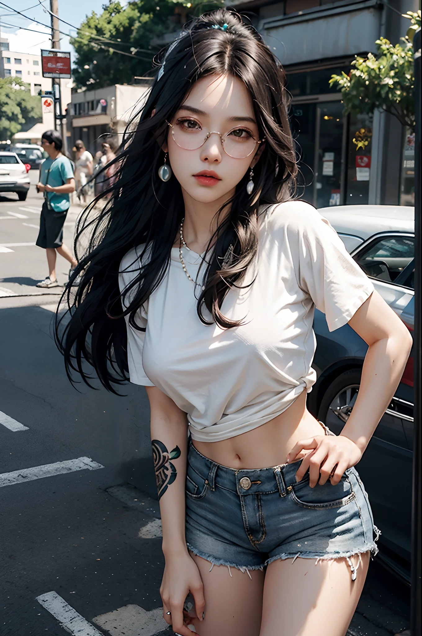 Photorealistic, high resolution, Soft light, 1womanl, Solo, Hips up, Dynamic pose, shiny skins, jewelry, tattoo, upper legs,Black hair,Long hair,eardrop,Pearls and jewelry, Edobnico Robin, Street attire, glasses on head, T-shirt, Shorts