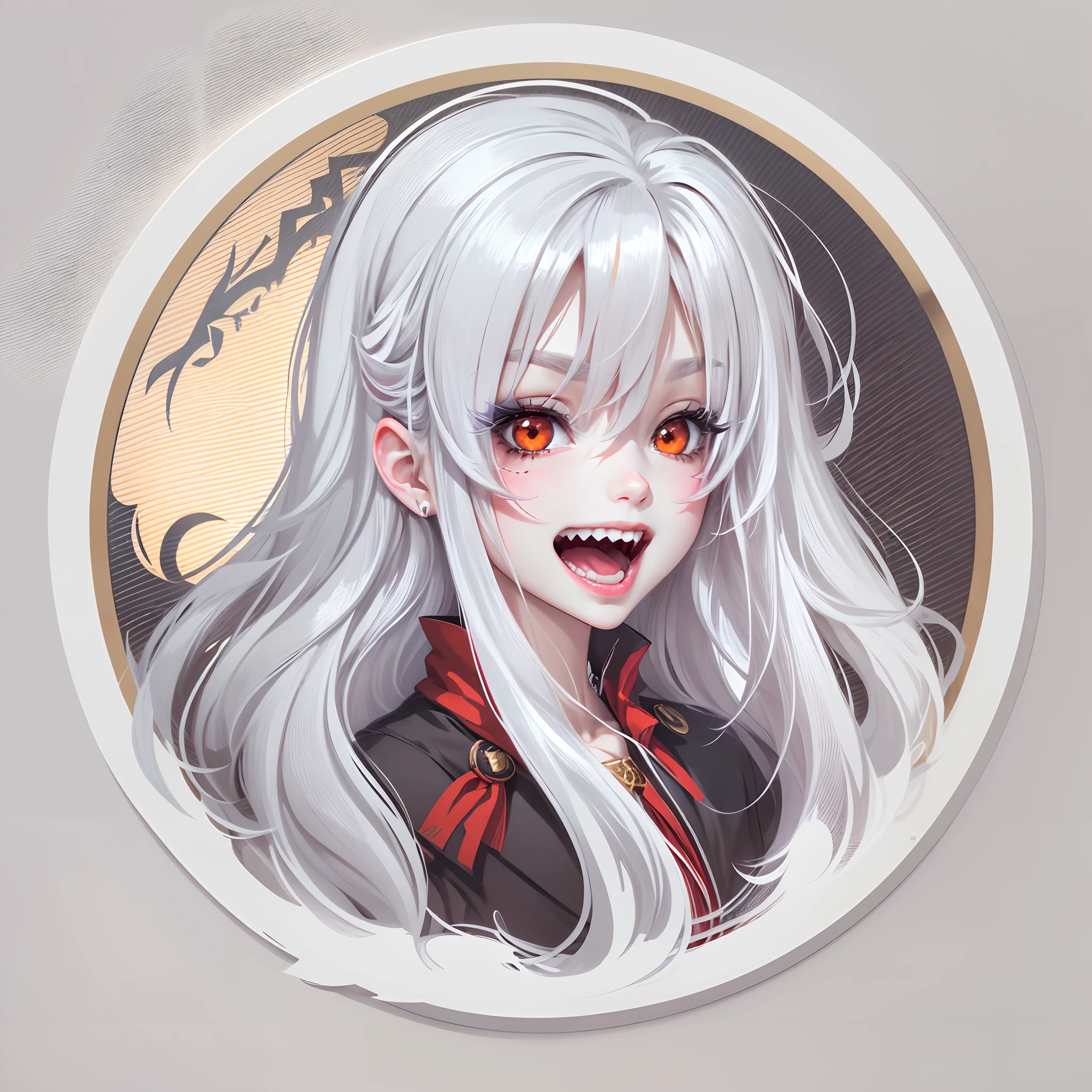 (Sticker),White background,(in circle), (3D anime vampires), long layered silvery white hair,Red eyes,Exposed teeth,A confident expression,(cute clothing).Gold border,Simple, Ultra detailed, Detailed drawing, vectorised, Silhouette, 8K, professional sticker design, Flat design, Vector lines, Sticker, Full-HD