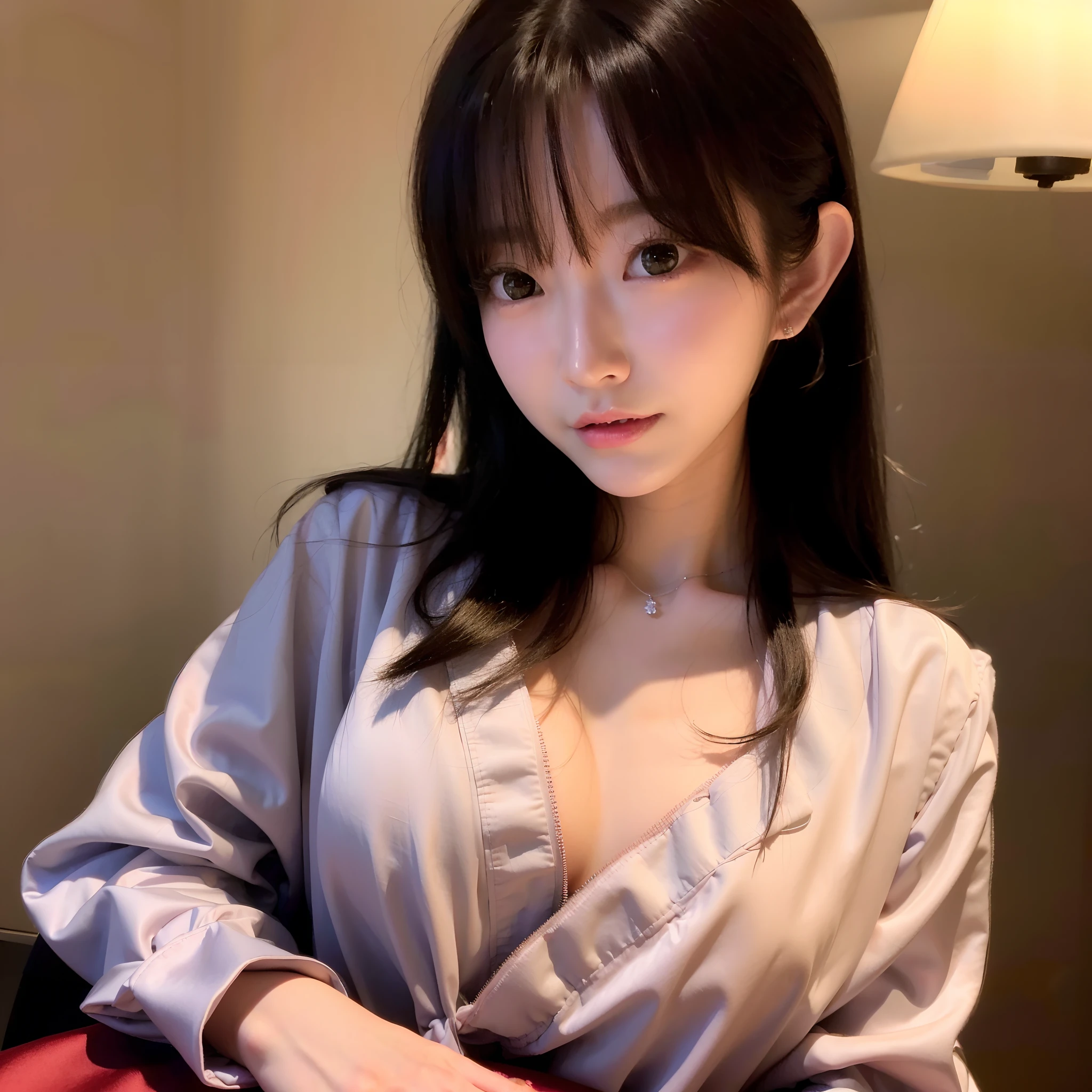 Wearing a satin blouse, the blouse material is satin, strong glossy, soft and smooth to the touch, the buttons on the front of the blouse are fastened, no bra is on, the blouse fits the body, the chest is C cup, Japan fashion model, wearing a shirt