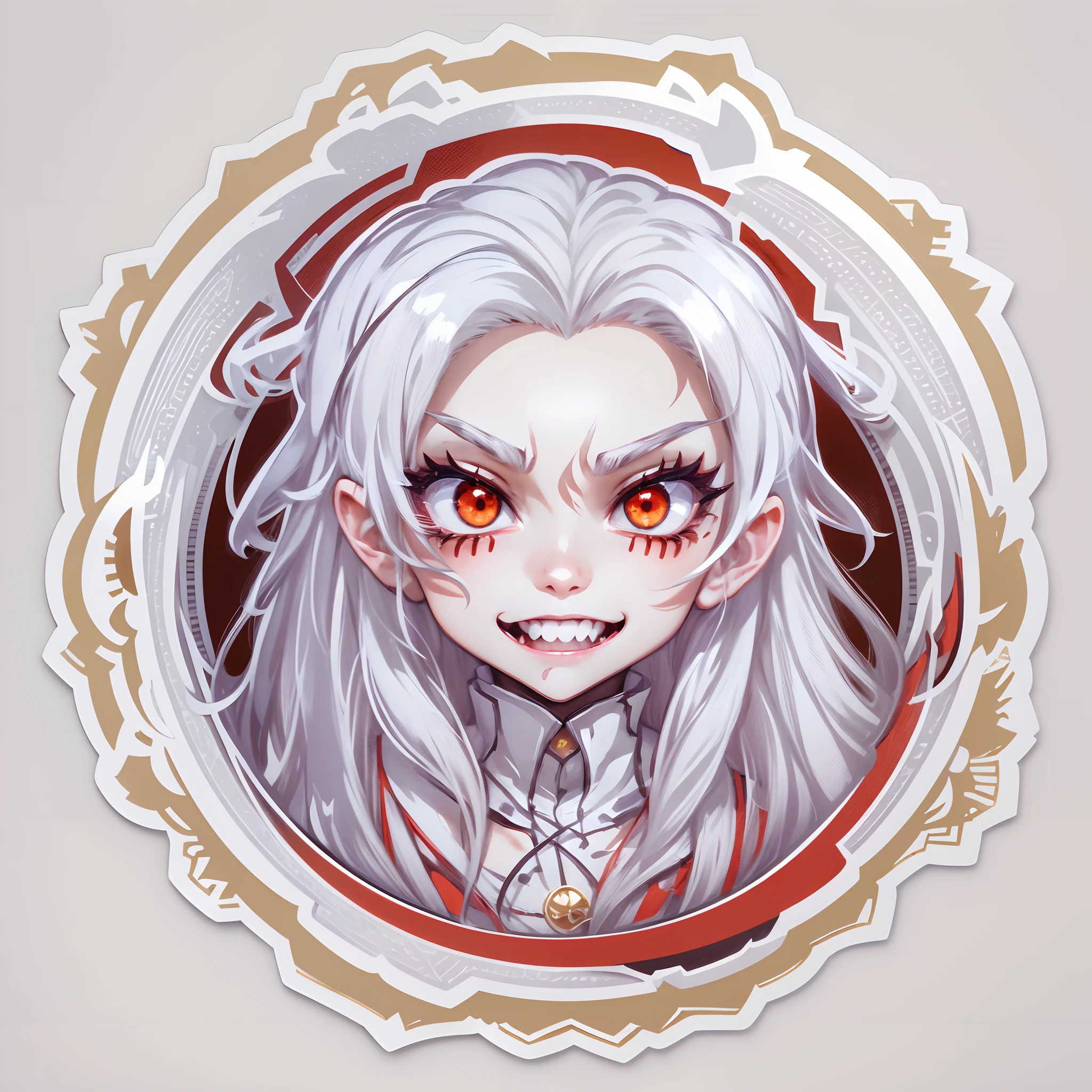 (Sticker),White background,(in circle), (3D anime vampires), long layered silvery white hair,Red eyes，poison fangs，A confident expression，(cute clothing).Gold border,Simple, Ultra detailed, Detailed drawing, vectorised, Silhouette, 8K, professional sticker design, Flat design, Vector lines, Sticker, Full-HD