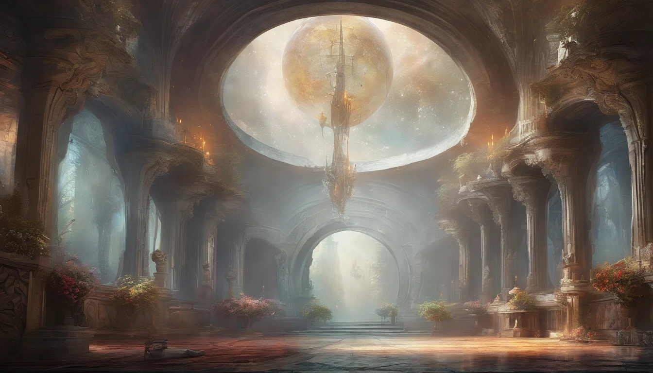 Best quality, Masterpiece, Photorealistic, (High resolution CGI artwork 8k), Create futuristic alien interiors in stunning vampire style, The color scheme is white and ethereal, Reflective opal,  Rose style, marbled, the bats, minerais preciosos, metals, Gemstones, crystals, Gorgeous and magnificent historical windows, A high resolution, 3D rendering of digital art masterpieces, The perfect blend of fantasy and reality, Fantastic shimmer, The cityscape is a mysterious fantasy alien world, Inspired by Beeple