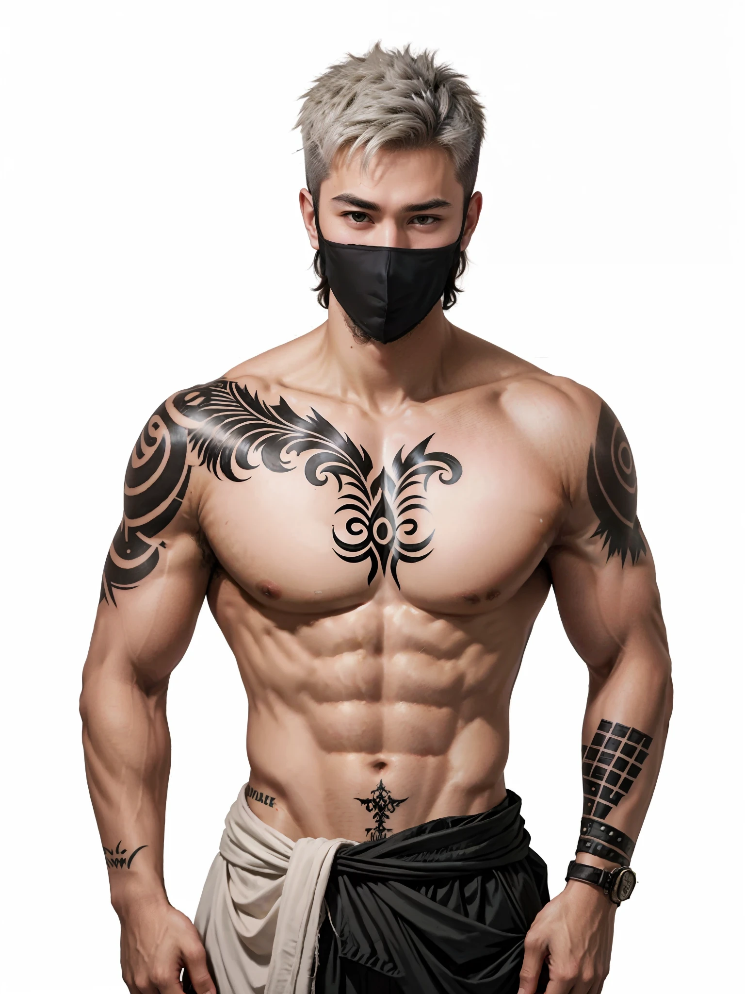 One wears a half-mask，With a dagger in his hand，Handsome，Bad laughs，rogue，Sense of oppression，Full body photo，Don't take a headshot，Big back，The hairstyle is slightly messy，Hair color is white，Upper body nudity，Tattooed with，Muscular