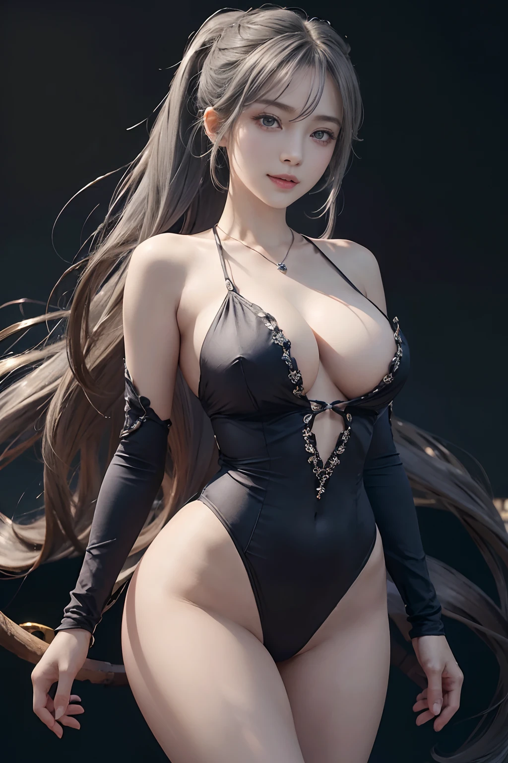 (A hyper-realistic)、(illustratio)、(hight resolution)、(8K)、(ighly detailed)、(Best Illustration)、(beautifully detailed eyes)、(top-quality)、(ultra-detailliert)、(masterpiece)、(Gorgeous Stage)、(详细的脸)、独奏、 1 人、Viewer's Perspective、detaileds、详细的脸、Dark、deep-shadows、lowkey、pureerosfaceace_v1、A smile、Colossal tits、highleg leotard&gem studded、Design without fabric in the navel、piercings、a necklace、Pony tail、(Hair color is gray lavender)、big breasts thin waist、Beautiful body curves、Ultra-fine makeup、Super on the fine service