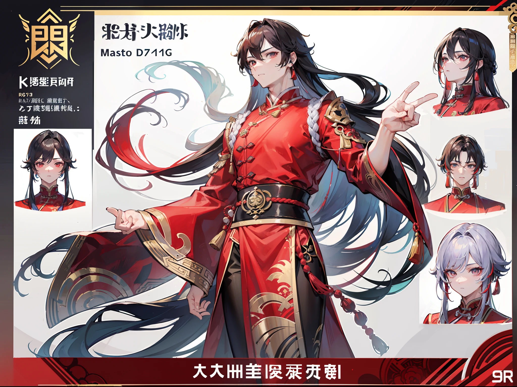 ((Masterpiece, Highest quality)), Detailed face, character design sheet, full bodyesbian, Full of details, frontal body view, back body view, Highly detailed, Depth, Many parts, Muscle boy with red long hair,handsome man, Traditional chinese clothes, Genshin Impact, man tall