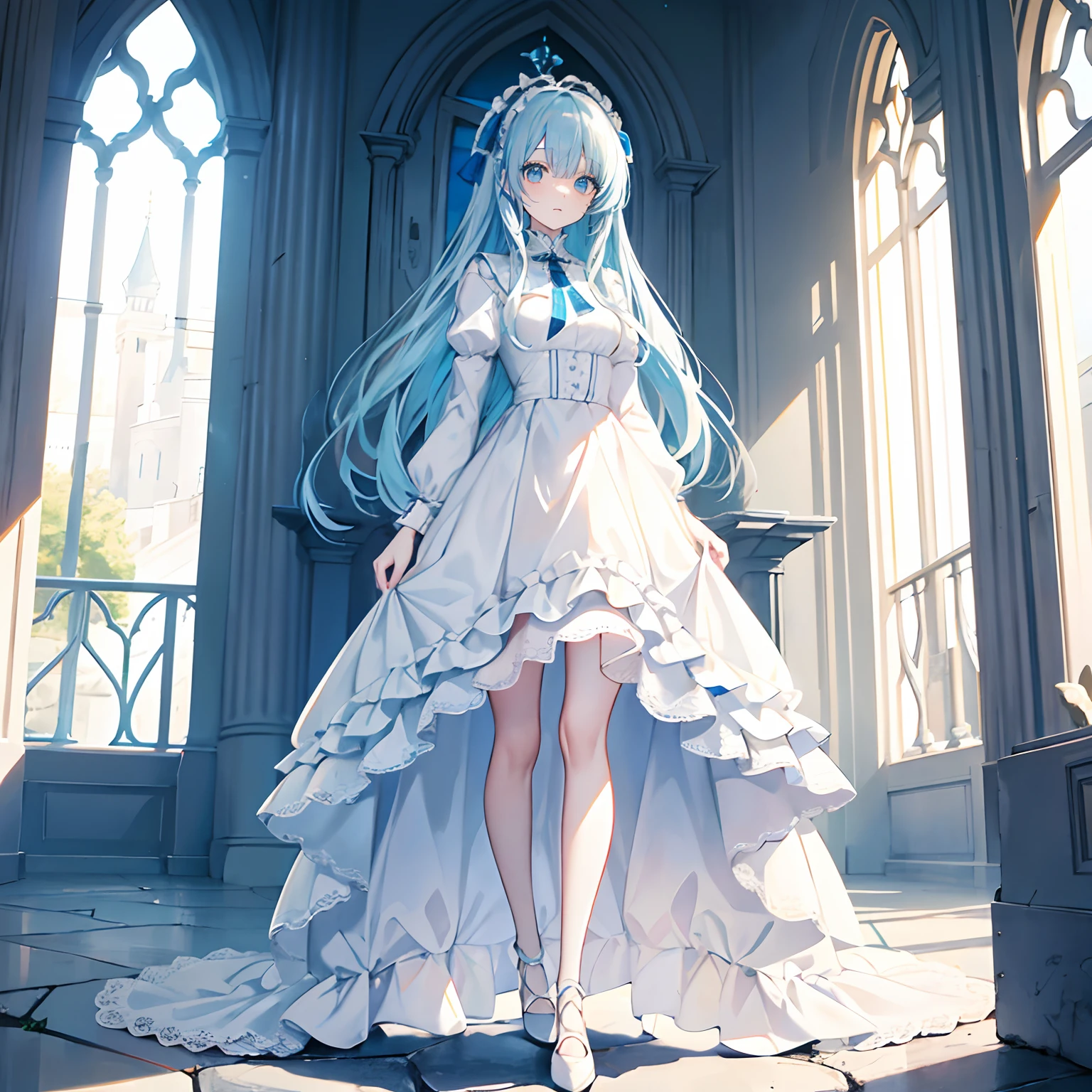 Pale blue hair,By bangs,long whitr hair,eyes blue,By bangs,s girl,Loliong dress,All body,Standing on the ground,background castle