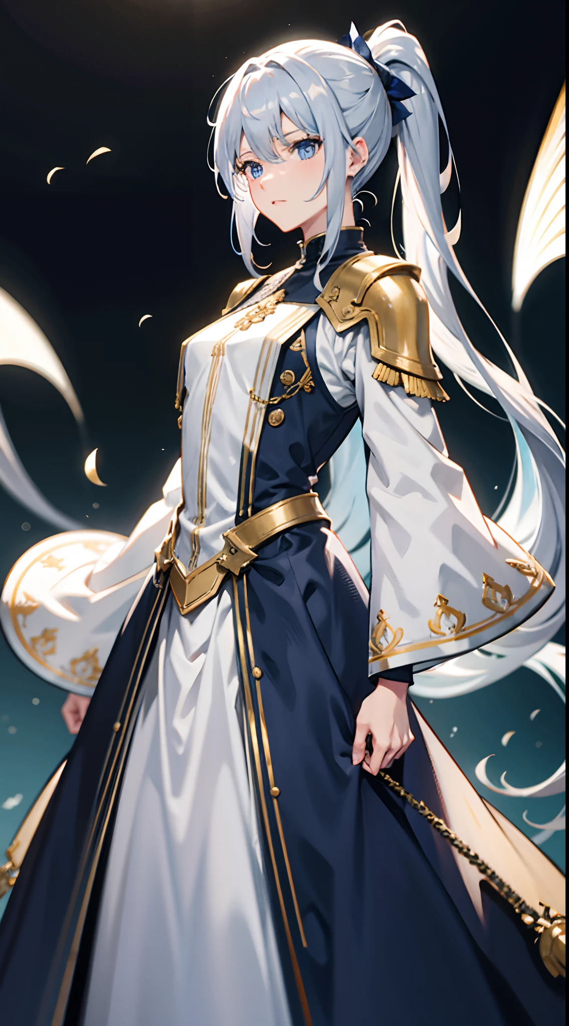 ((Best Quality, in 8K, male people, Seen from the front,masuter piece :0.5)), 1Neutral man in fantasy commoner clothes in blue and silver tones, (One head, Two arms, I don't have anything in my hands, Silver straight ponytail, Blue eyes, calm, I'm in love with, glad,),
