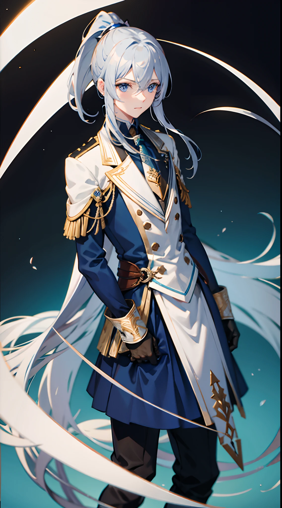 ((Best Quality, in 8K, male people, Seen from the front,masuter piece :0.5)), 1Neutral man in fantasy commoner clothes in blue and silver tones, (One head, Two arms, I don't have anything in my hands, Silver straight ponytail, Blue eyes, calm, I'm in love with, glad,),