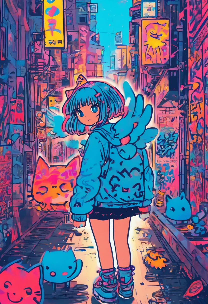 There was a cute girl with big wings from the back with a cat, Standing on a quiet street,Cute graffiti art in full frame，Rough line art by Mr.. Graffiti and Keith Haring, Klein Blue, stick figures, zora々Right, Cute, anthropomorphic, ,doodle, Sharpie Illustration, MBE Illustration, bold lines, Grunge Beauty Style, mixed patterns, text and emoji installations,32K，Retro Color，PastelColors，simple