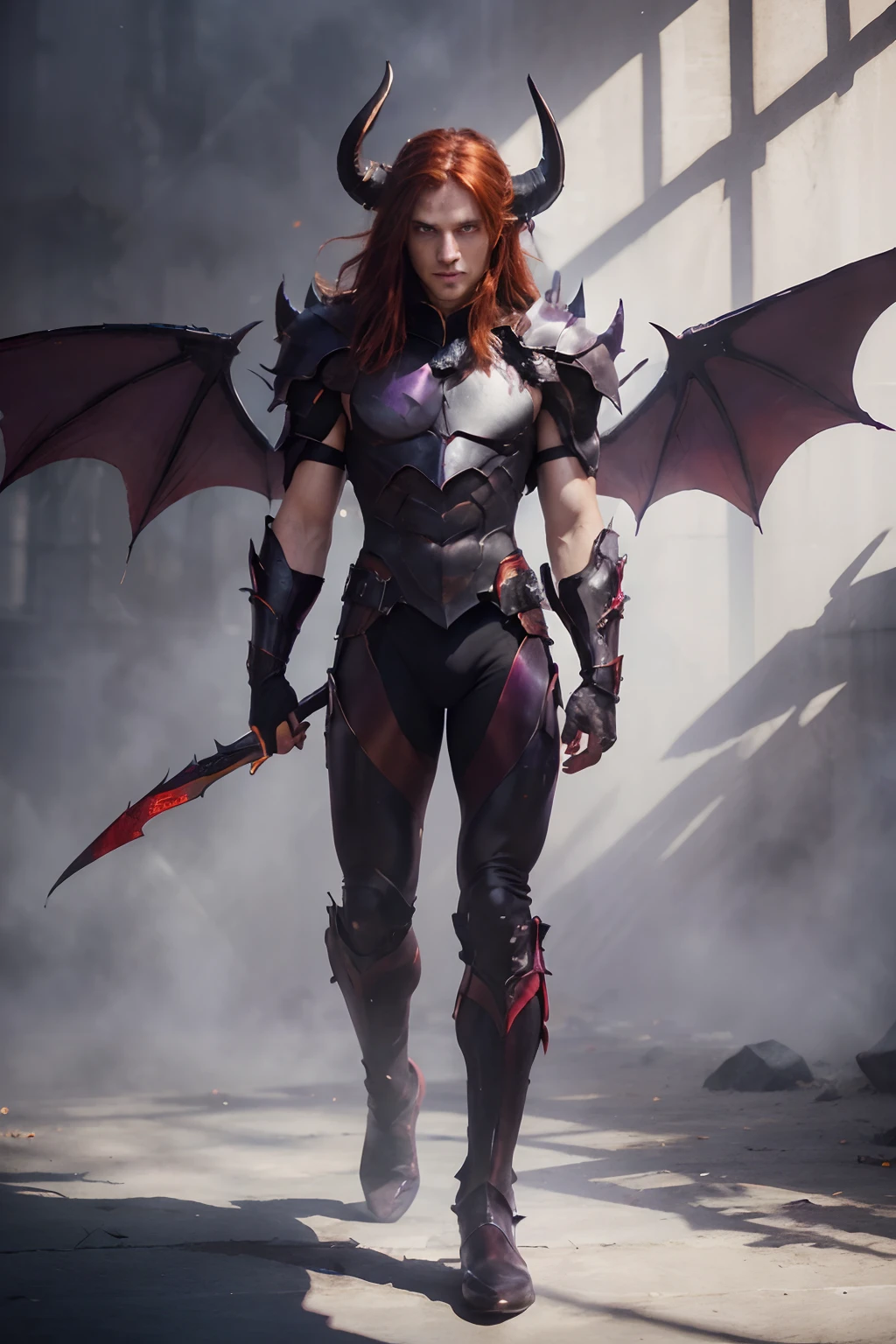 (shadows),(dark mist background),(purple mist),(masterpiece), (work of art), (amazing work), (detailed eyes), (delicate skin), (red eyes), (multicolored), (red hair ), (sparkling eyes), (1man),best quality, full body, expressive eyes, perfect face,shadow armor, muscular, hot, Man,thin, shadow bat wings, horns,dark, shadows