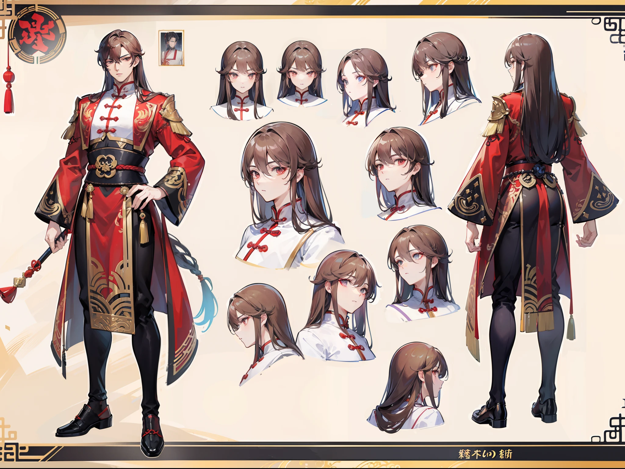 ((Masterpiece, Highest quality)), Detailed face, character design sheet， full bodyesbian, Full of details, frontal body view, back body view, Highly detailed, Depth, Many parts, Muscle boy with red long hair，handsome man, Traditional chinese clothes, Genshin Impact, man tall