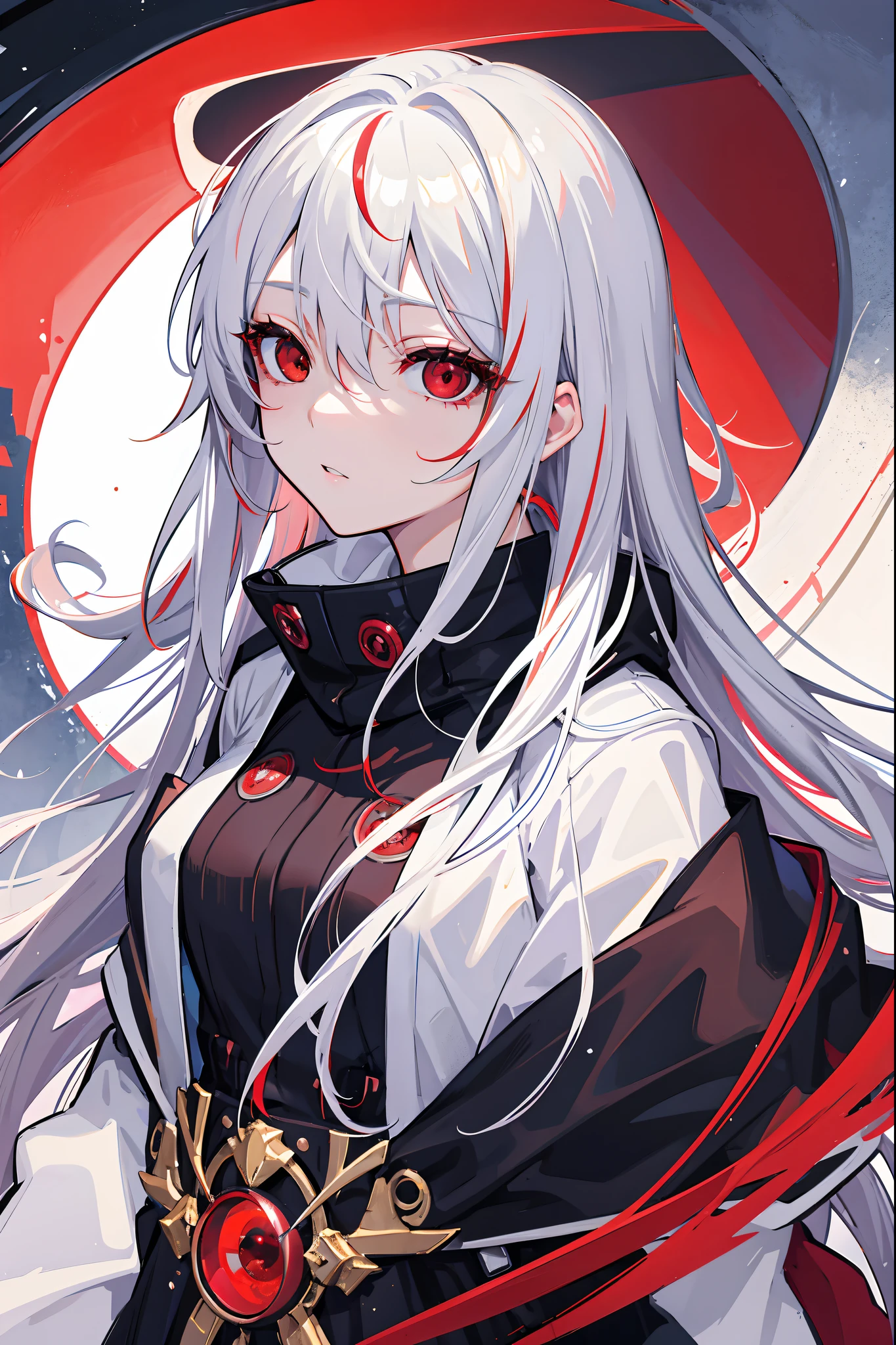 masterpiece,(bestquality),highlydetailed,ultra-detailed,  cold , solo , 1girl , bishoujo , stare , (red eyes:1.5) , (beautiful detailed eyes:1.2) , (long hair:1.2) , (white hair:0.8) , (silver hair:0.5) , (Wing-like bangs:0.5) , (Dull hair:0.5) , (ahoge:0.5) , (Hair rings:0.5) , (braid:0.5)
