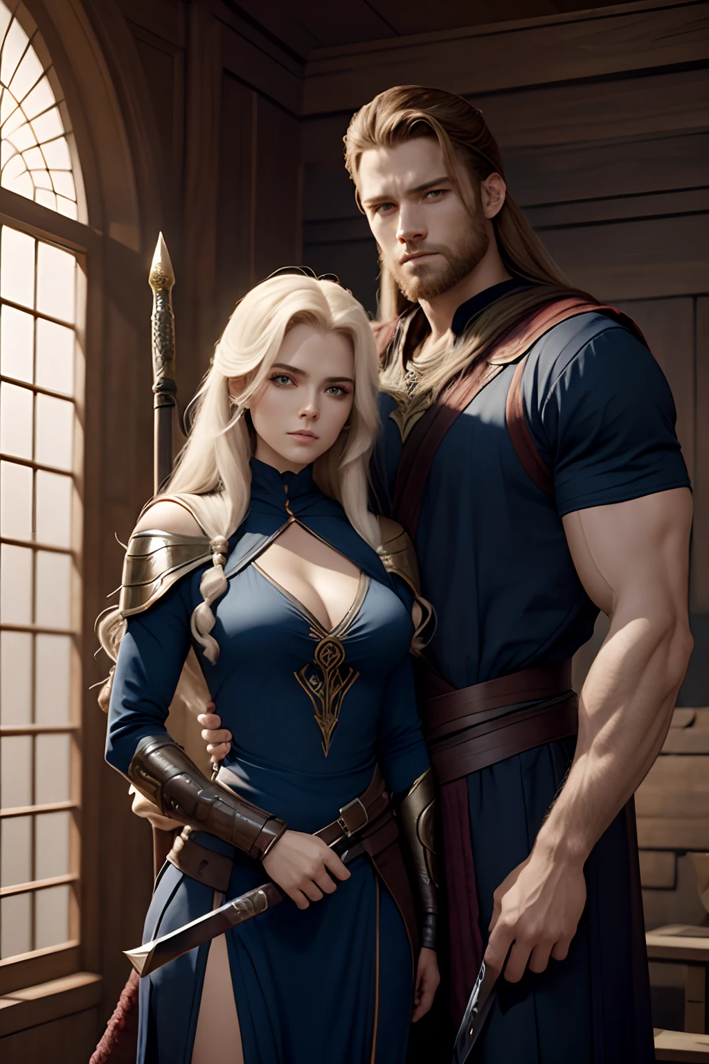 Two Norse Warriors( um homem e uma mulher) homem; nos vinte anos de idade, cabelos brancos e olhos azuis, Left hand with blue dagger.