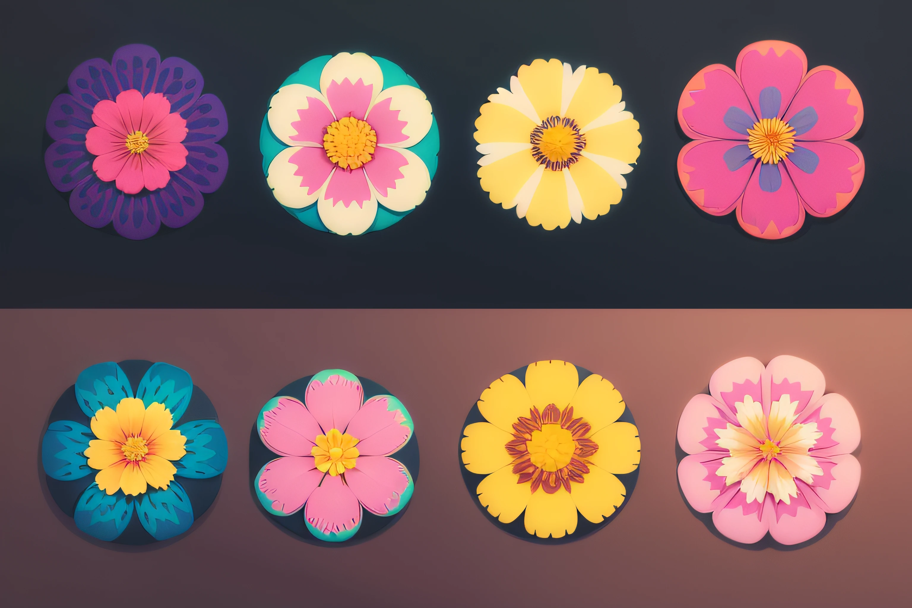 Aesthetic flowers, retro design pattern, multicolored, ((simple)), ((flowers do not protrude from the edges)).