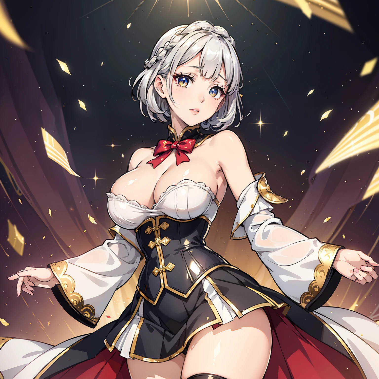 finest image, portrait, beautiful cute woman, amorous expression, lewd expression, white braided bangs iridescent hair, short hair, gold sparkling big eyes, red alluring moist big thick lips, large breasts, slender, perfect proportion, corset dress, skirt lift, black knee high socks, thighs, background fantasy, that emits fantastic light, light particles, light sparkles, petals, scatter gold and silver glitter and confetti, iridescent light particles, detailed and delicate depiction, professional lighting