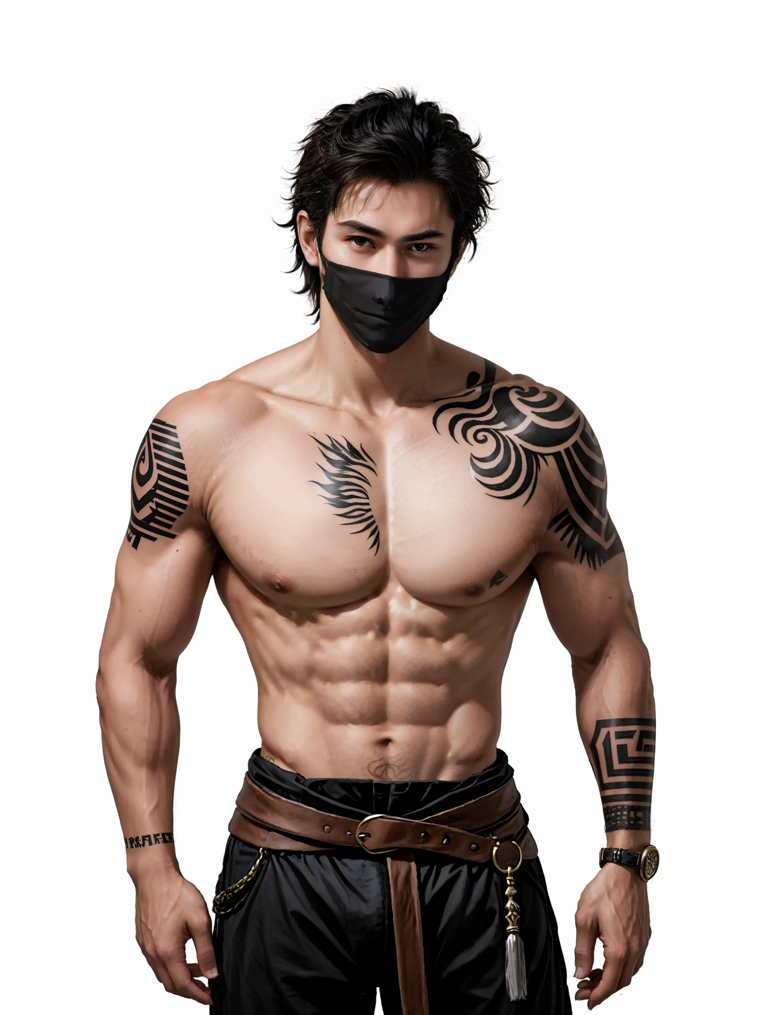 One wears a half-mask，With a dagger in his hand，Handsome，rogue，Sense of oppression，Full body photo，Don't take a headshot，Big back，The hairstyle is slightly messy，Hair color is white，Upper body nudity，Tattooed with，Muscular