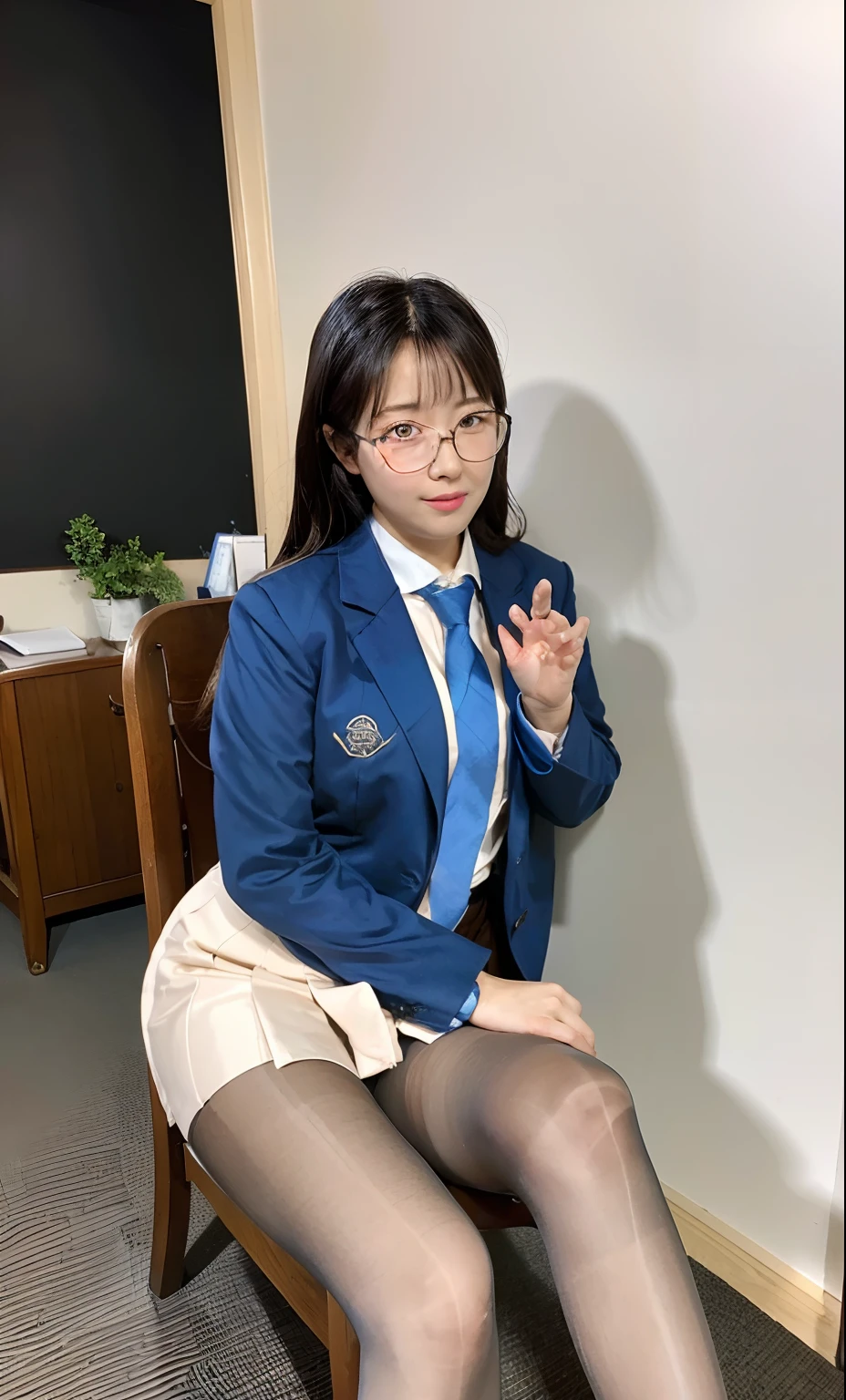 ulzzang-6500-v1.1, (raw photo:1.2), (photorealistic:1.4), beautiful detailed girl, very detailed eyes and face, beautiful detailed eyes, ridiculous, incredibly ridiculous, huge file size, super detailed, high resolution, very detailed, best quality, masterpiece, kemomimi, ((Japanese girls' high school uniform)), illustration, very detailed, CG, unified, 8k wallpaper, amazing, fine details, masterpiece, best quality, very detailed CG uniform 8k wallpaper, face light, cinematic lighting, 1girl, 16 years old, (without panties)), (with glasses), ((dynamic pose))), (camel toe), (half), (pantyhose), (bent knees and legs sitting))