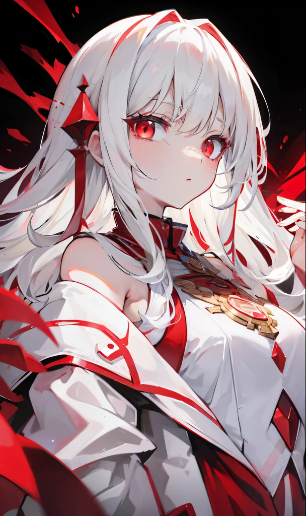 Creamy white hair,Crimson pupils,Bigchest,Red and white clothes,Cute and cute rune cultivation girl