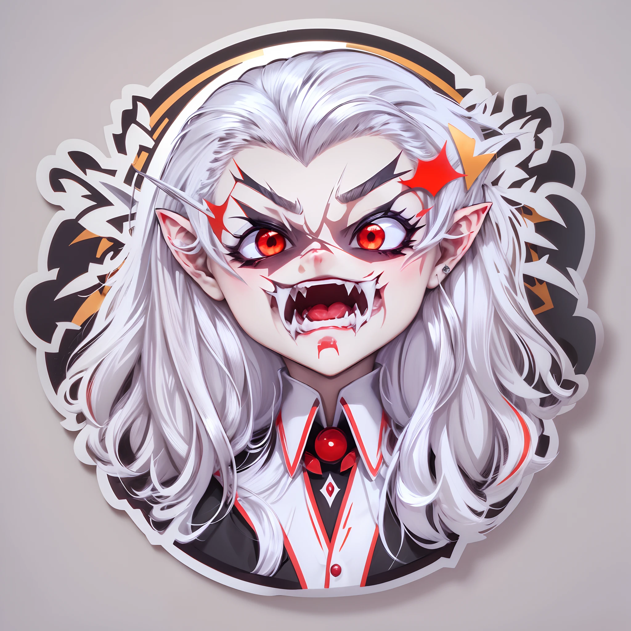 (Sticker),White background,(in circle), (3D anime vampires), long layered silvery white hair,Red eyes,poison fangs,A confident expression,(cute clothing).Gold border,Simple, Ultra detailed, Detailed drawing, vectorised, Silhouette, 8K, professional sticker design, Flat design, Vector lines, Sticker, Full-HD