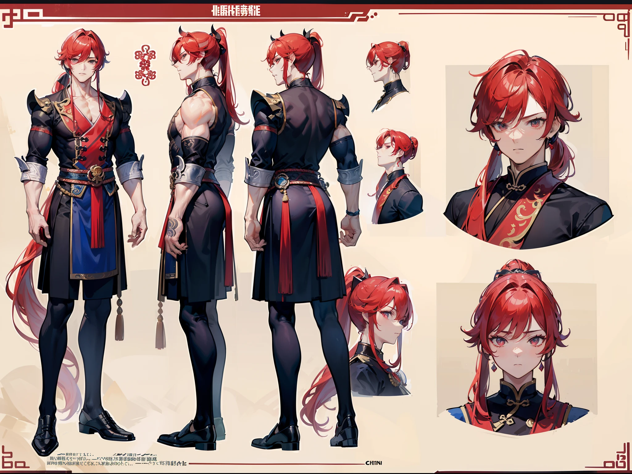 ((Masterpiece, Highest quality)), Detailed face, character design sheet, full bodyesbian, Full of details, frontal body view, back body view, Highly detailed, Depth, Many parts, Muscle boy with ponytail long red hair,handsome man, muscle body, Traditional chinese clothes, Genshin Impact, man tall, pectoral muscles, abs