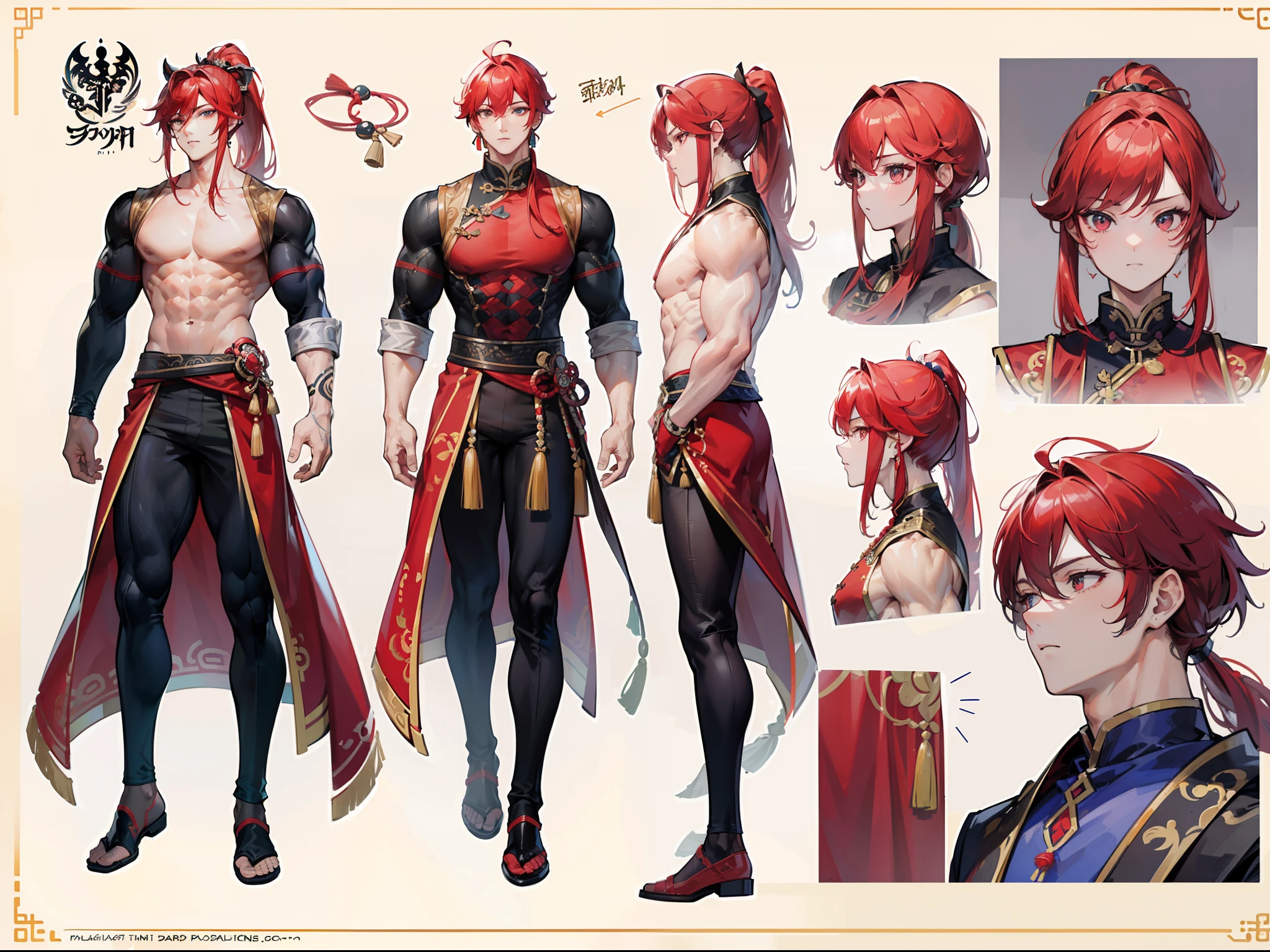 ((Masterpiece, Highest quality)), Detailed face, character design sheet, full bodyesbian, Full of details, frontal body view, back body view, Highly detailed, Depth, Many parts, Muscle boy with ponytail long red hair,handsome man, muscle body, Traditional chinese clothes, Genshin Impact, man tall, pectoral muscles, abs