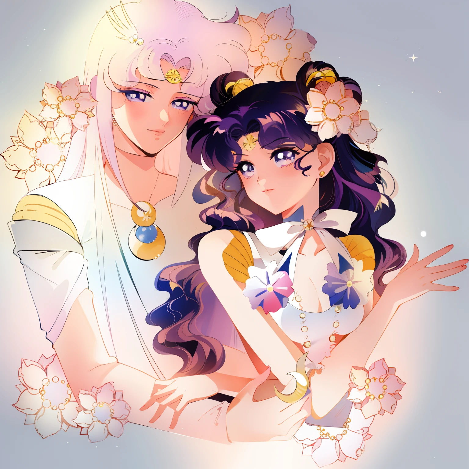 Sailor Moon and sailor girl in wedding dress, author：the sailor moon, Sailor Moon!!!!!!!!, author：Rumiko Takahashi, the sailor moon. Beautiful, classic shoujo, inspired by Naoko Takeuchi, vintage shoujo, the sailor galaxia. Beautiful, rei hino as a princess, Anime princess, Sailor Moon style, in the art style of 8 0 s anime