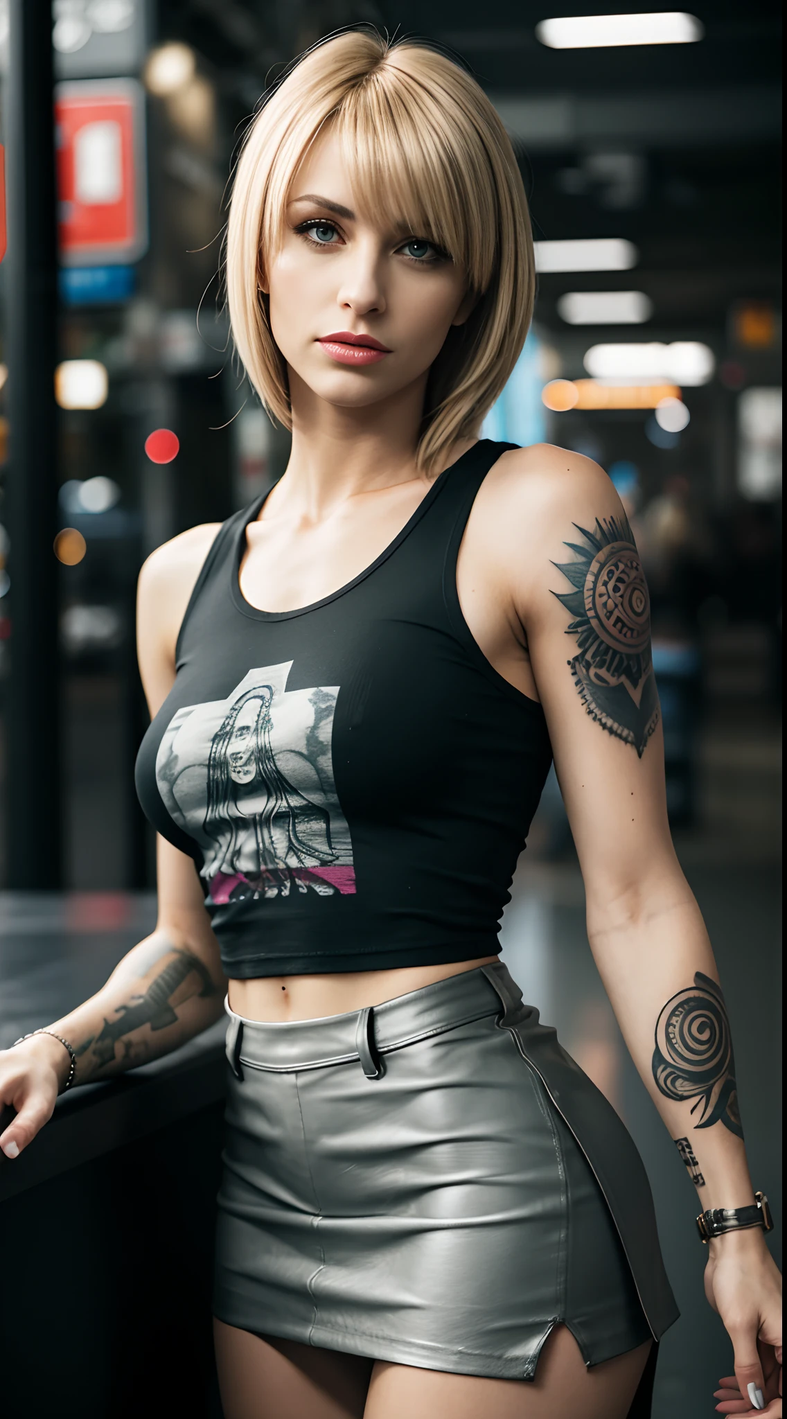 40 years old, woman, masterpiece, best quality, 1girl, blonde hair, swept bangs, bangs, aqua eyes, tattoo, arm tattoo, shoulder tattoo, neck tattoo, tribal tattoo, tank top, printed shirt, skirt, miniskirt, cyberpunk, 90s, graphic, low-key lighting, dimly lit, bimbostyle, cityscape, public places, hair over one eye, playing with own hair, fingernails, long fingernails, professional photograph,
best quality, detailed