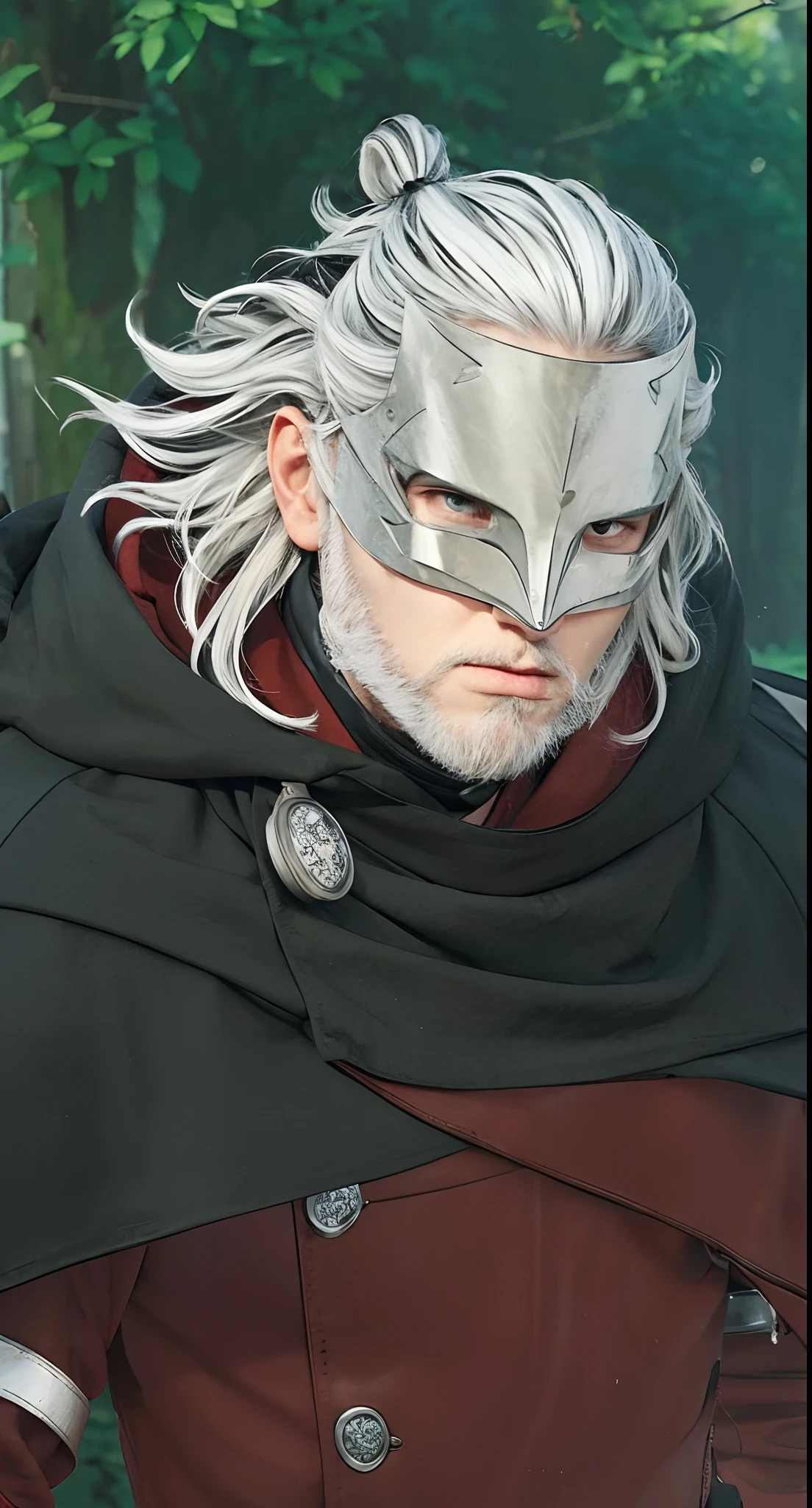 Real life adaption of this character, adult handsome face with white beard, (realistic same outfit), realistic long white hair,He wore the same mask made of iron, hyper realistic, realism,realistic light, realistic shadow,(photorealistic:1.2)